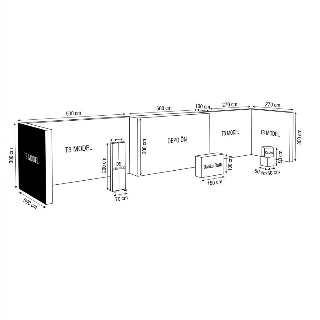 45 m² 3 Cephe Kapalı T3 Modüler Stand – Set 12
