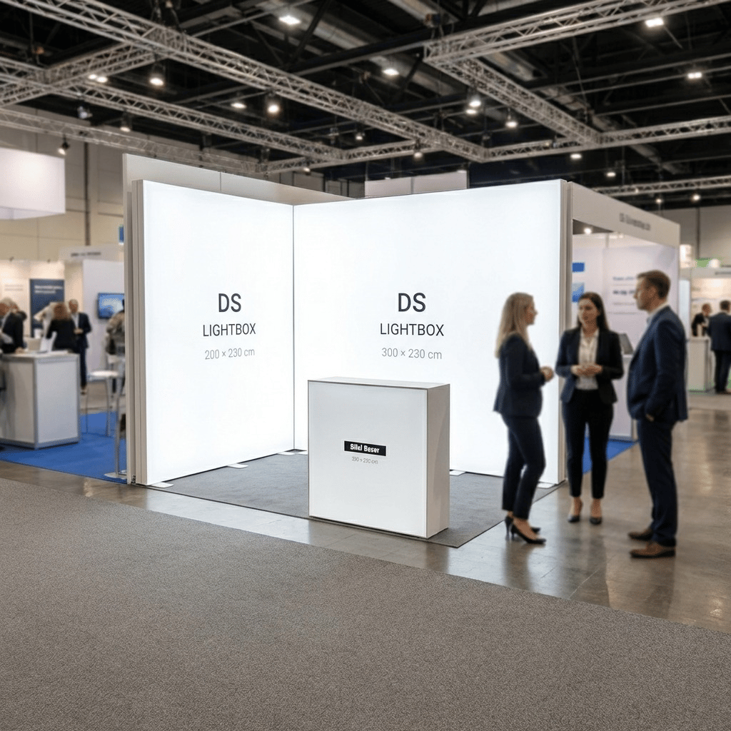 6 m² Modüler Lightbox Fuar Standı 2 Cephe Kapalı 300×200 cm - Kurulum Sonrası Görünüm | portatif stand çözümü
