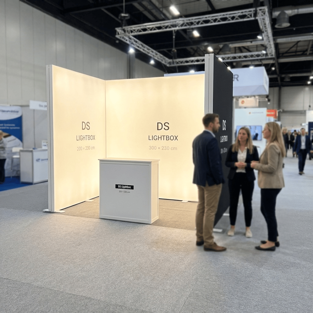 6 m² Modüler Lightbox Fuar Standı 3 Cephe Kapalı 300×200 cm - Perspektif Görünüm | ışıklı stand