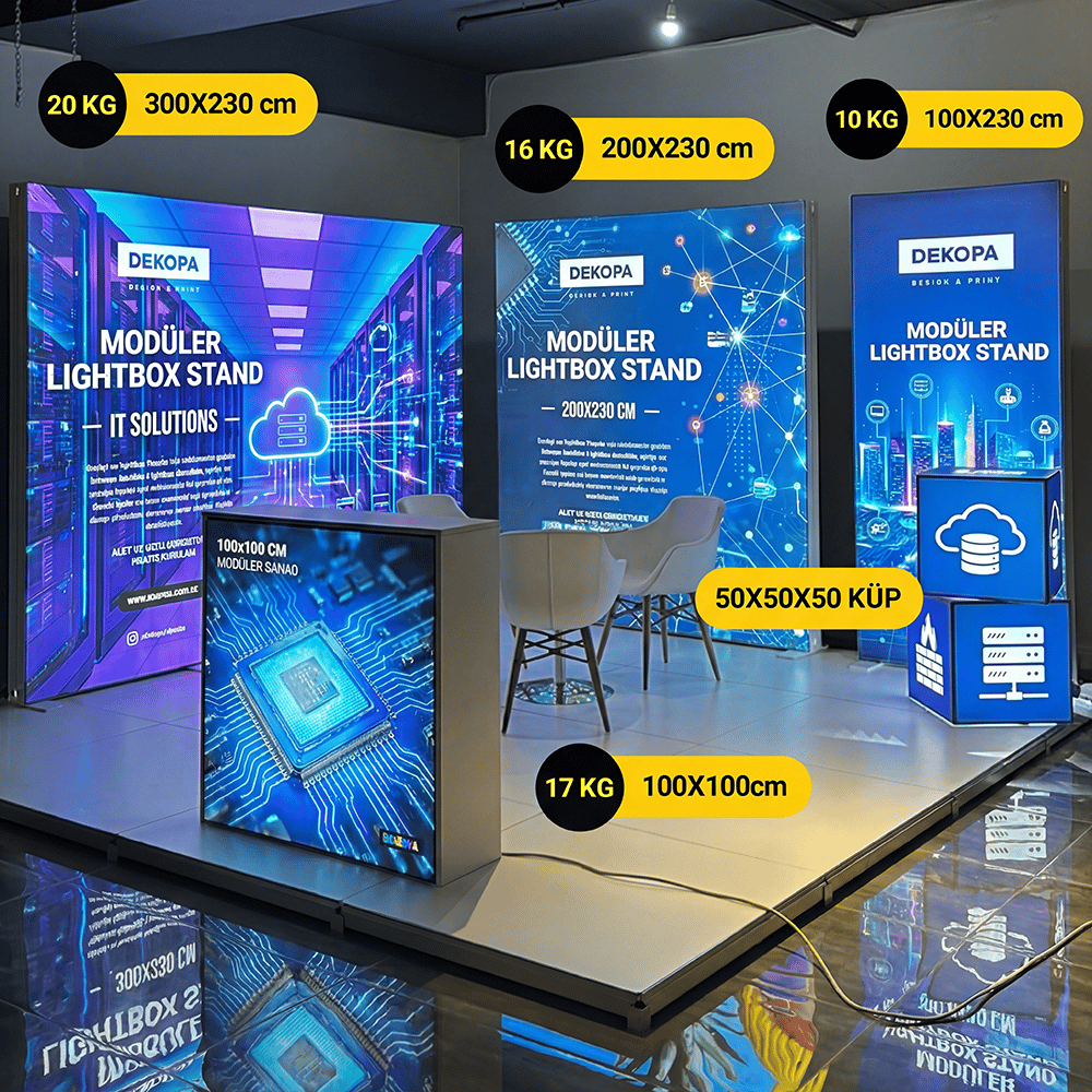 6 m² Modüler Lightbox Fuar Standı 3 Cephe Kapalı 300×200 cm - Fuar Alanında Kurulum Örneği