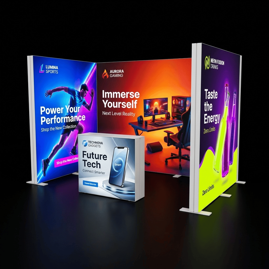 6 m² Modüler Lightbox Fuar Standı 3 Cephe Kapalı 300×200 cm - Ön Cephe Görünümü