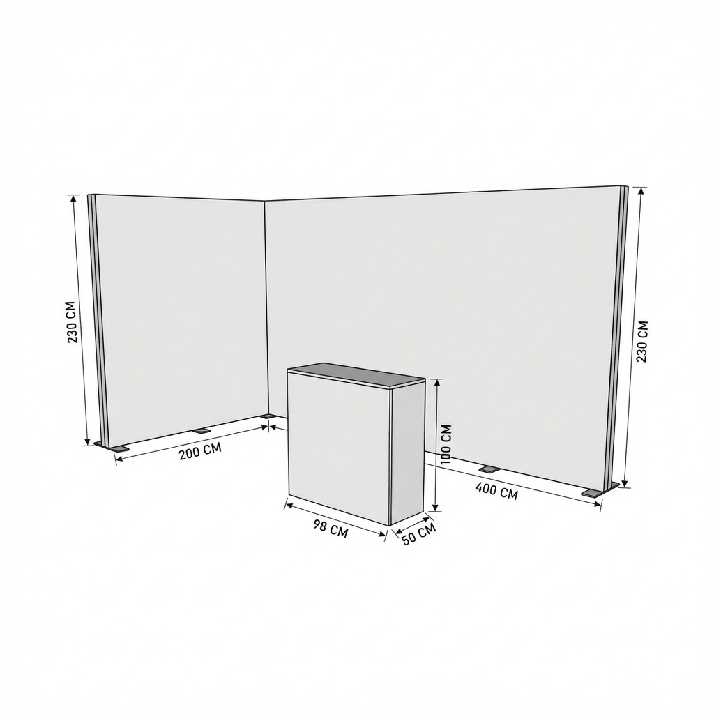 8 m² Modüler Lightbox Fuar Standı 2 Cephe Kapalı 400×200 cm - Perspektif Görünüm