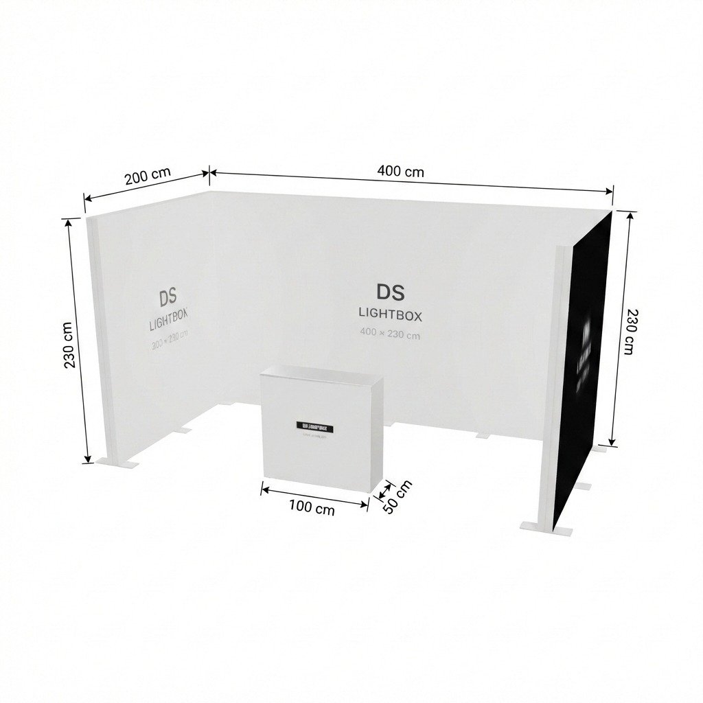 8 m² Modüler Lightbox Fuar Standı 3 Cephe Kapalı 400×200 cm - Perspektif Görünüm