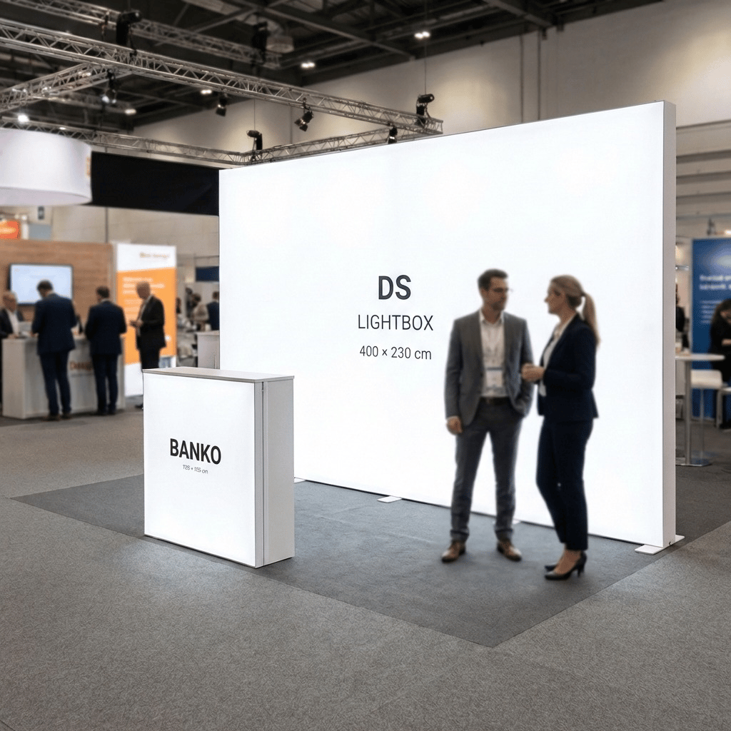 8 m² Modüler Lightbox Fuar Standı 400×200 cm - Kurulum Sonrası Görünüm | portatif stand çözümü