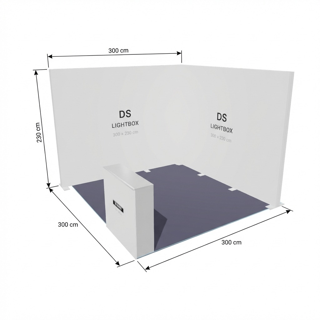9 m² Modüler Lightbox Fuar Standı 2 Cephe Kapalı 300×300 cm - Kurulum Sonrası Görünüm | portatif stand çözümü