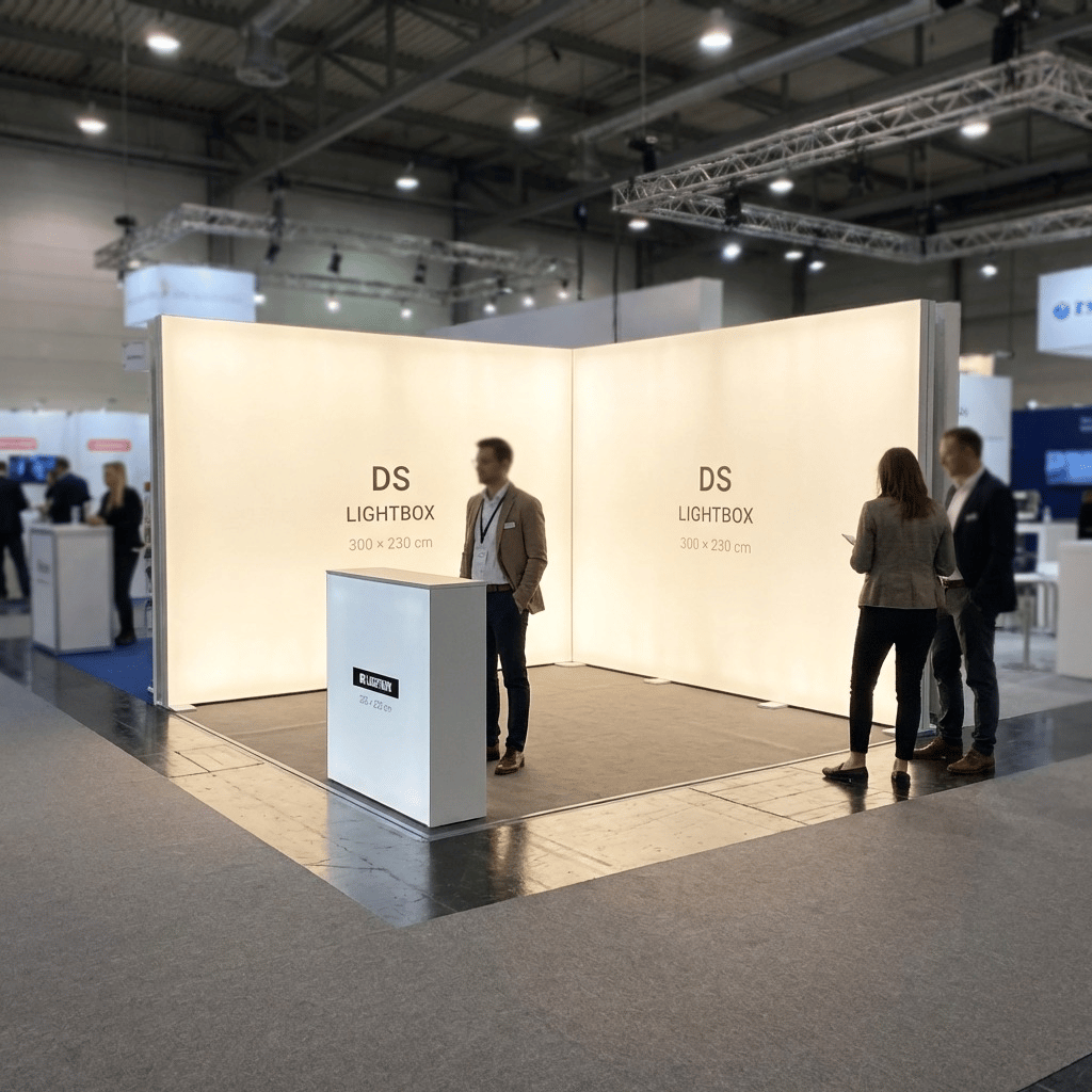 9 m² Modüler Lightbox Fuar Standı 2 Cephe Kapalı 300×300 cm - Perspektif Görünüm