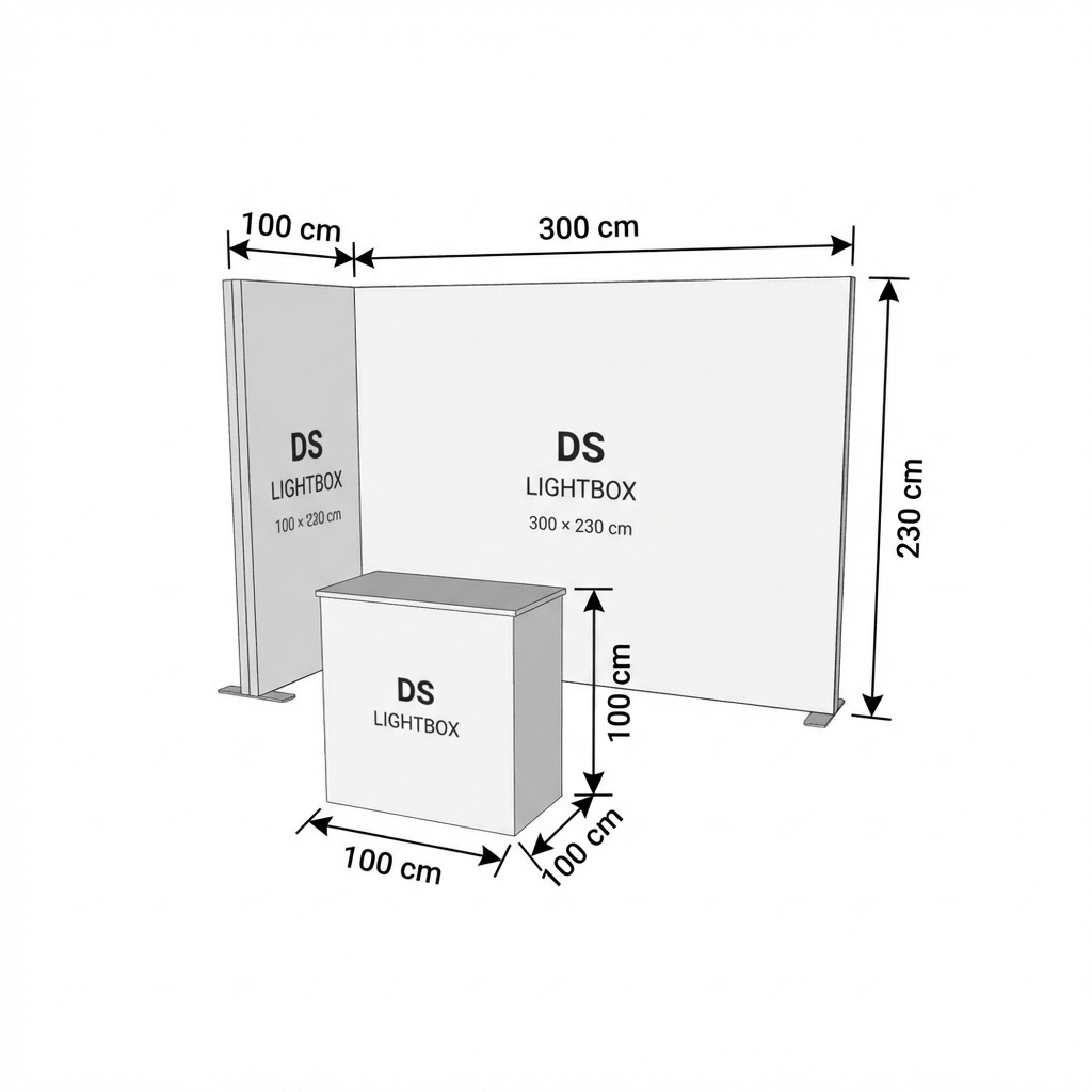 9 m² Modüler Lightbox Fuar Standı 3 Cephe Yarım Kapalı 300×300 cm - Perspektif Görünüm