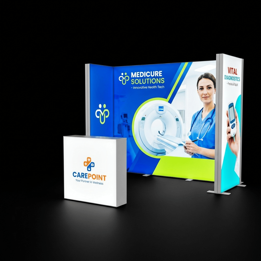 9 m² Modüler Lightbox Fuar Standı 3 Cephe Yarım Kapalı 300×300 cm - Ön Cephe Görünümü