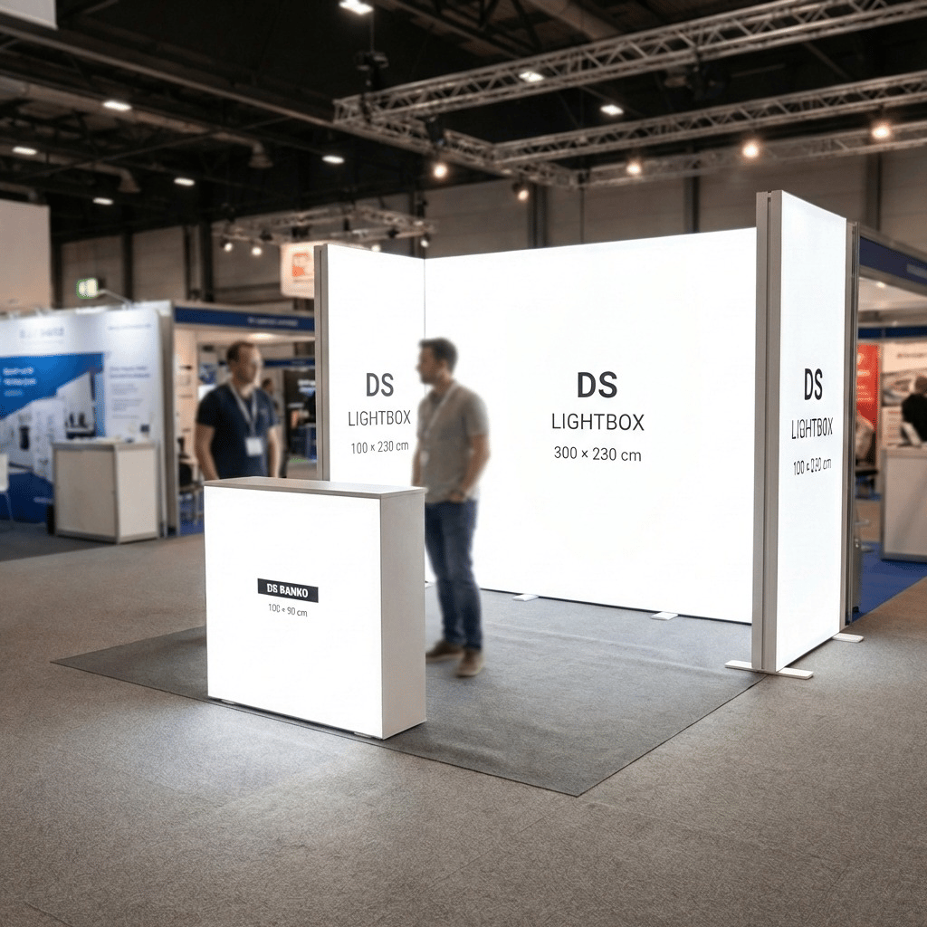 9 m² Modüler Lightbox Fuar Standı 3 Cephe Yarım Kapalı 300×300 cm - Kurulum Sonrası Görünüm | portatif stand çözümü