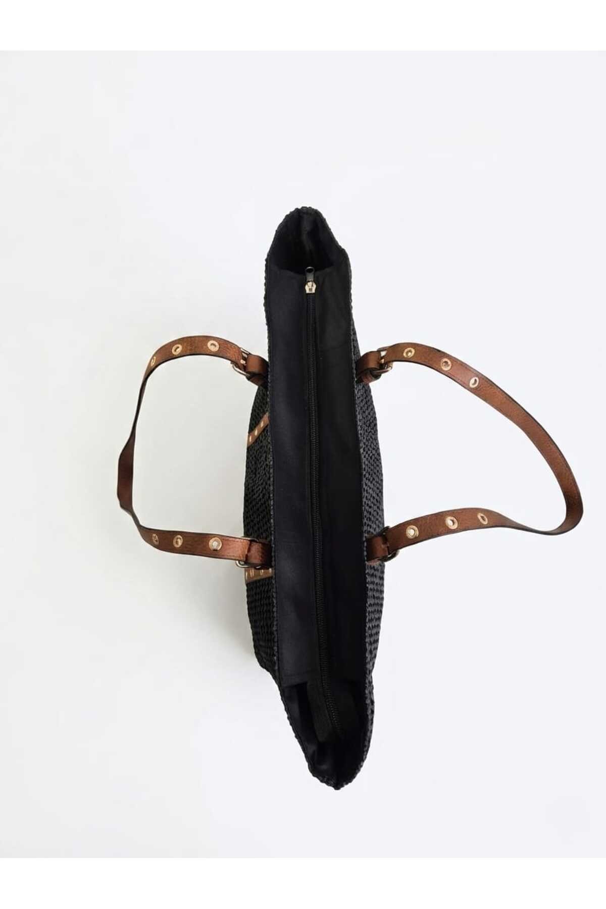 Kadın Orjinal Siyah Hasır Omuz Çantası Büyük Boy Ayarlanabilir Askı Fermuar Kapamalı Günlük