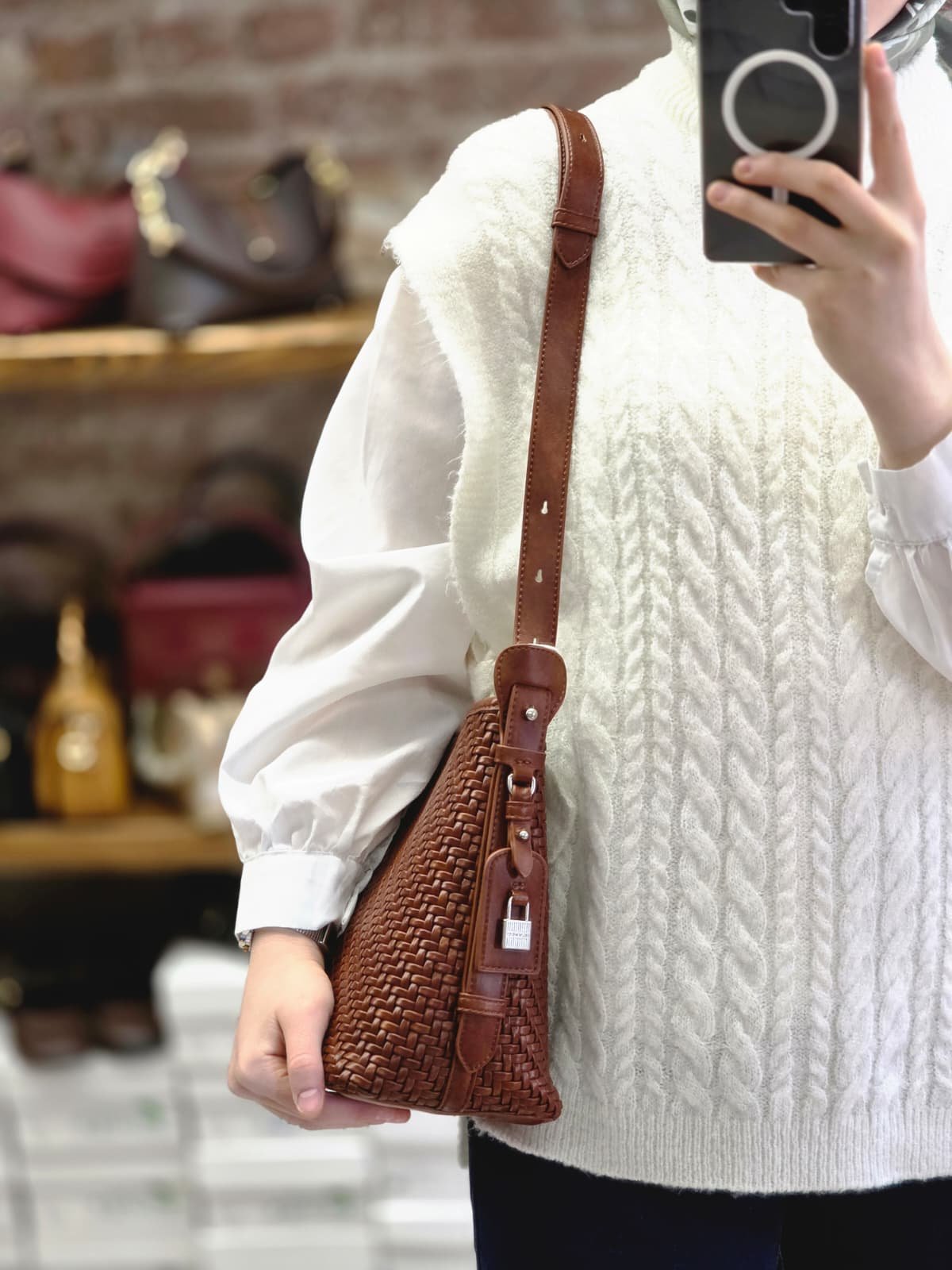  İthal Örgü Deri Çapraz Çant