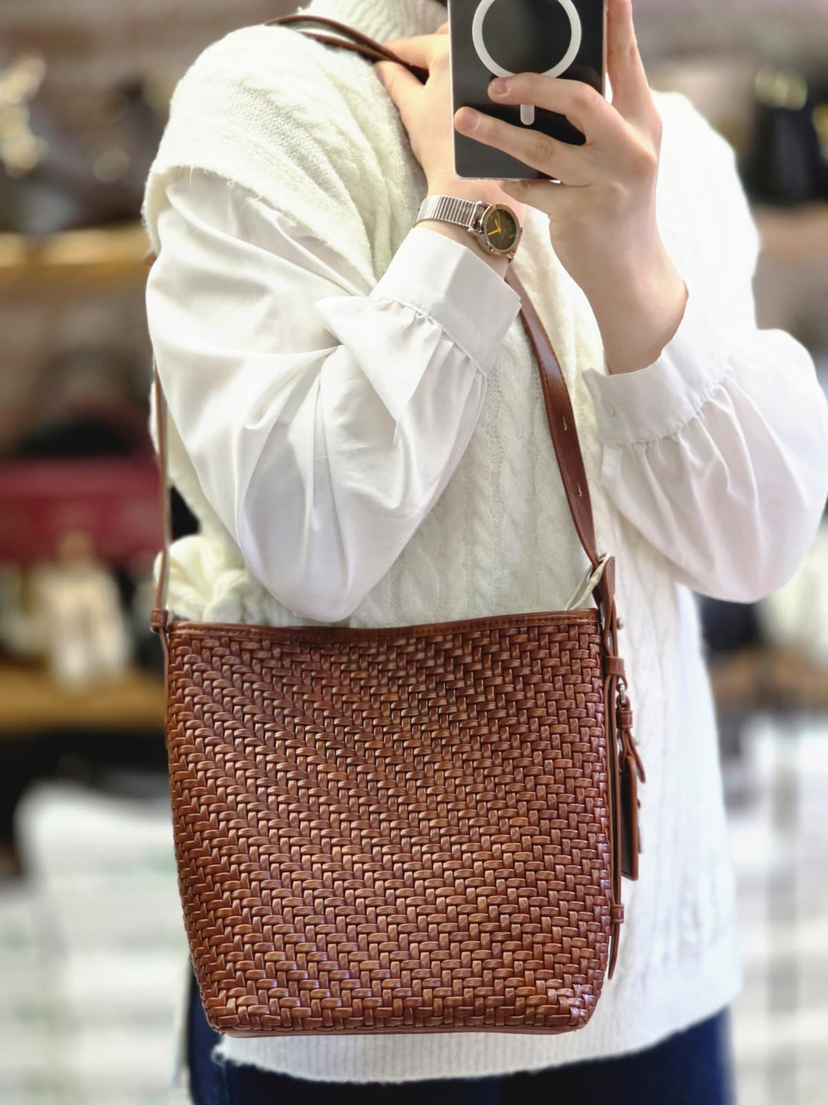  İthal Örgü Deri Çapraz Çant