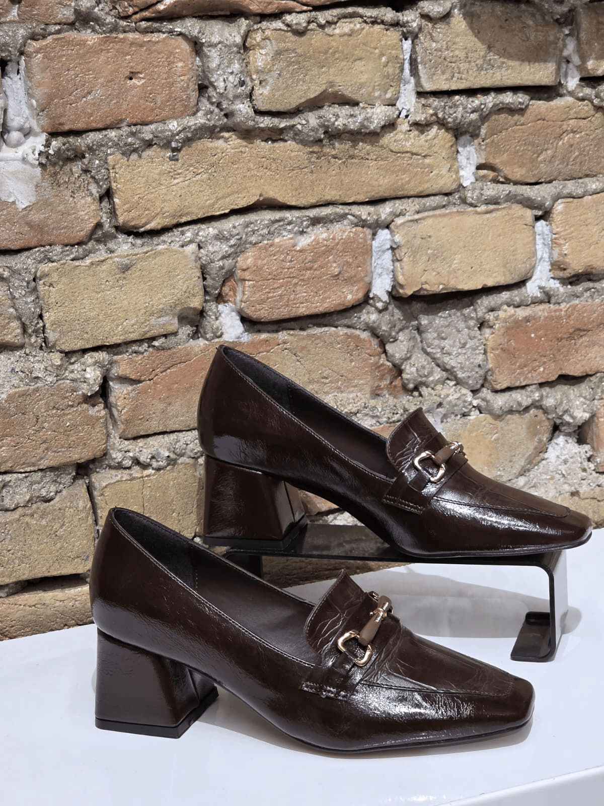 Kahve Rugan Dokulu Tokalı Loafer Topuklu Ayakkabı