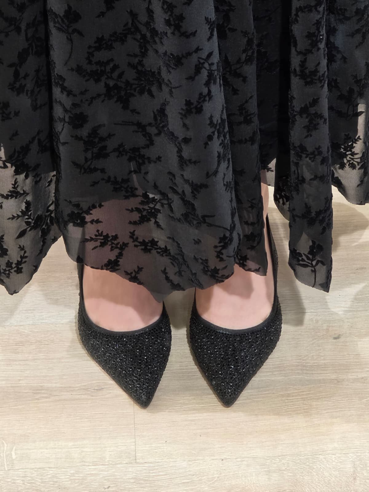 Pearl Shine Black Taşlı stilettoo