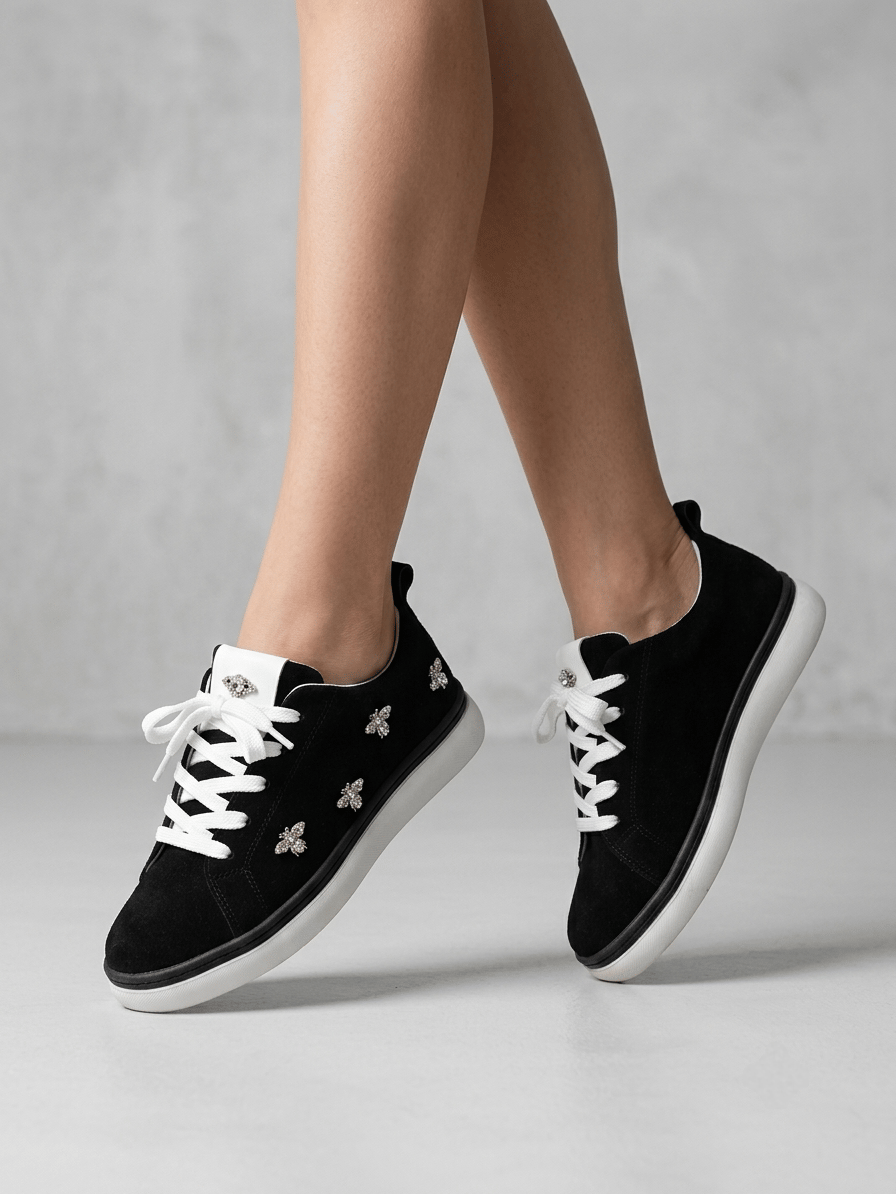 Taş Detaylı Siyah Süet Sneaker
