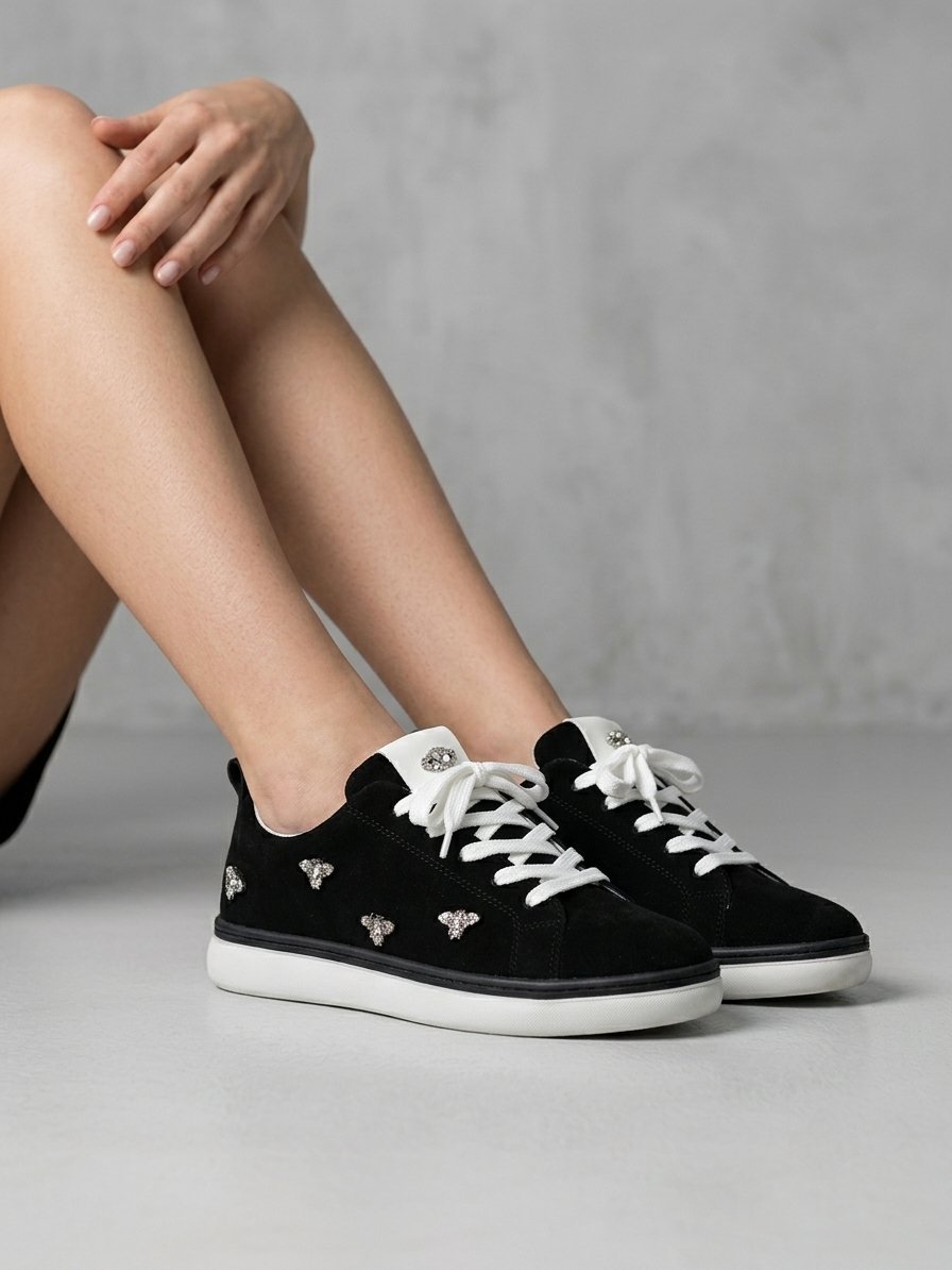 Taş Detaylı Siyah Süet Sneaker
