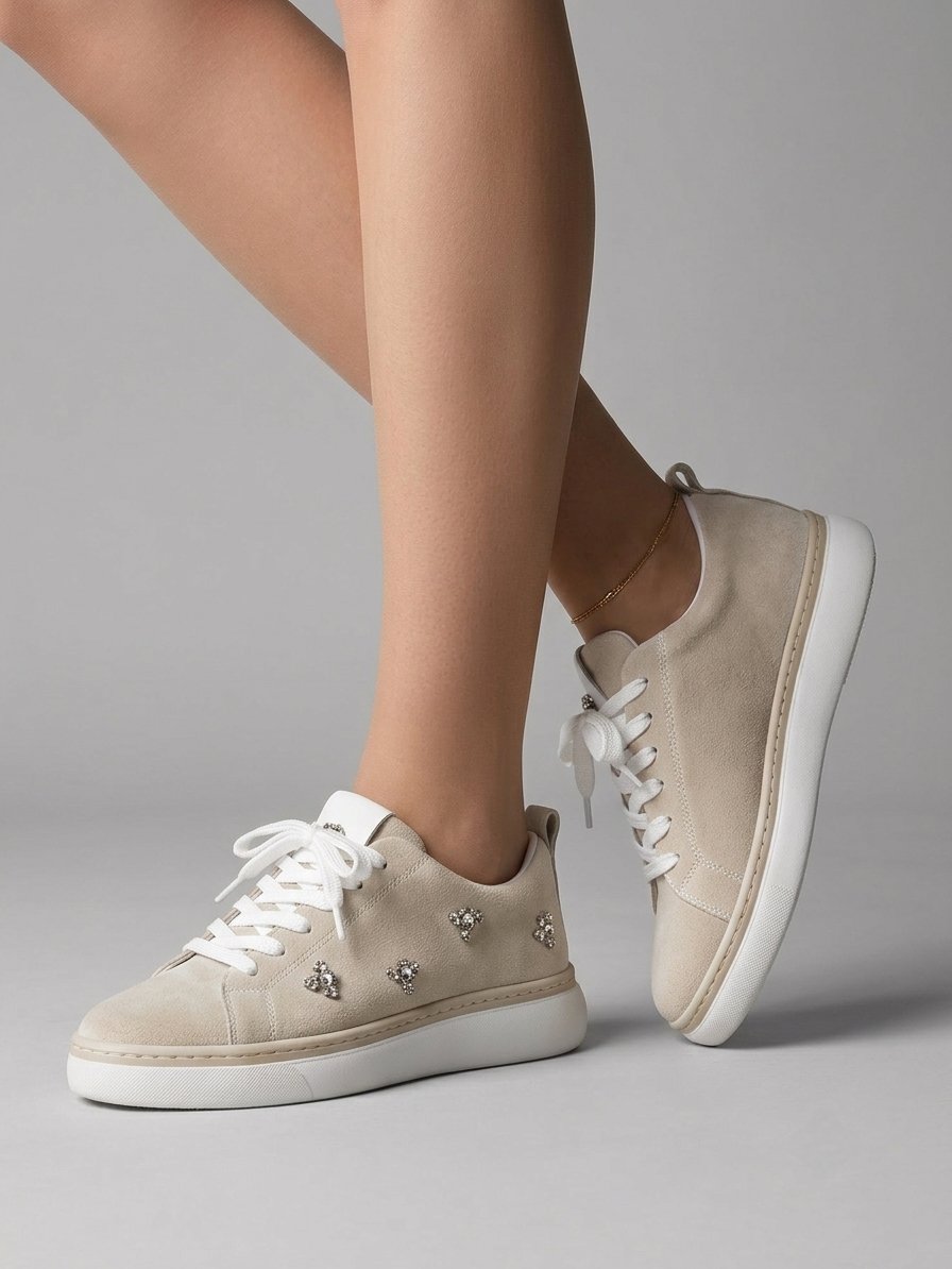 Taş Detaylı Vizon Süet Sneaker