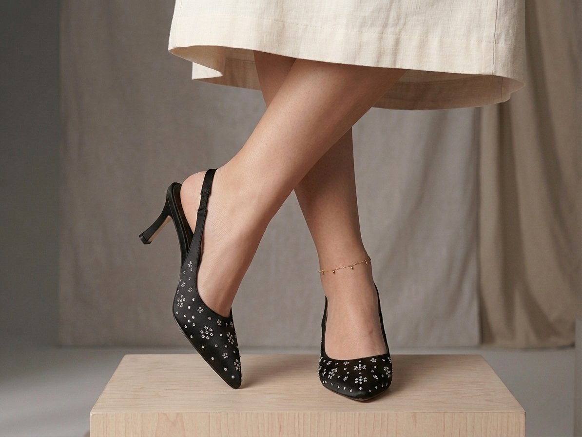 Zarif Taş Detaylı Siyah Slingback