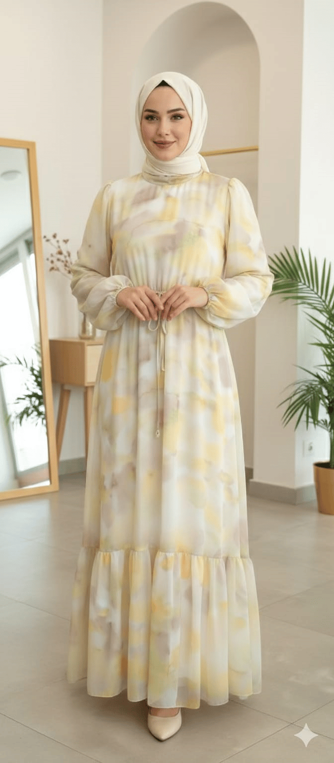 Desenli Şifon Elbise 