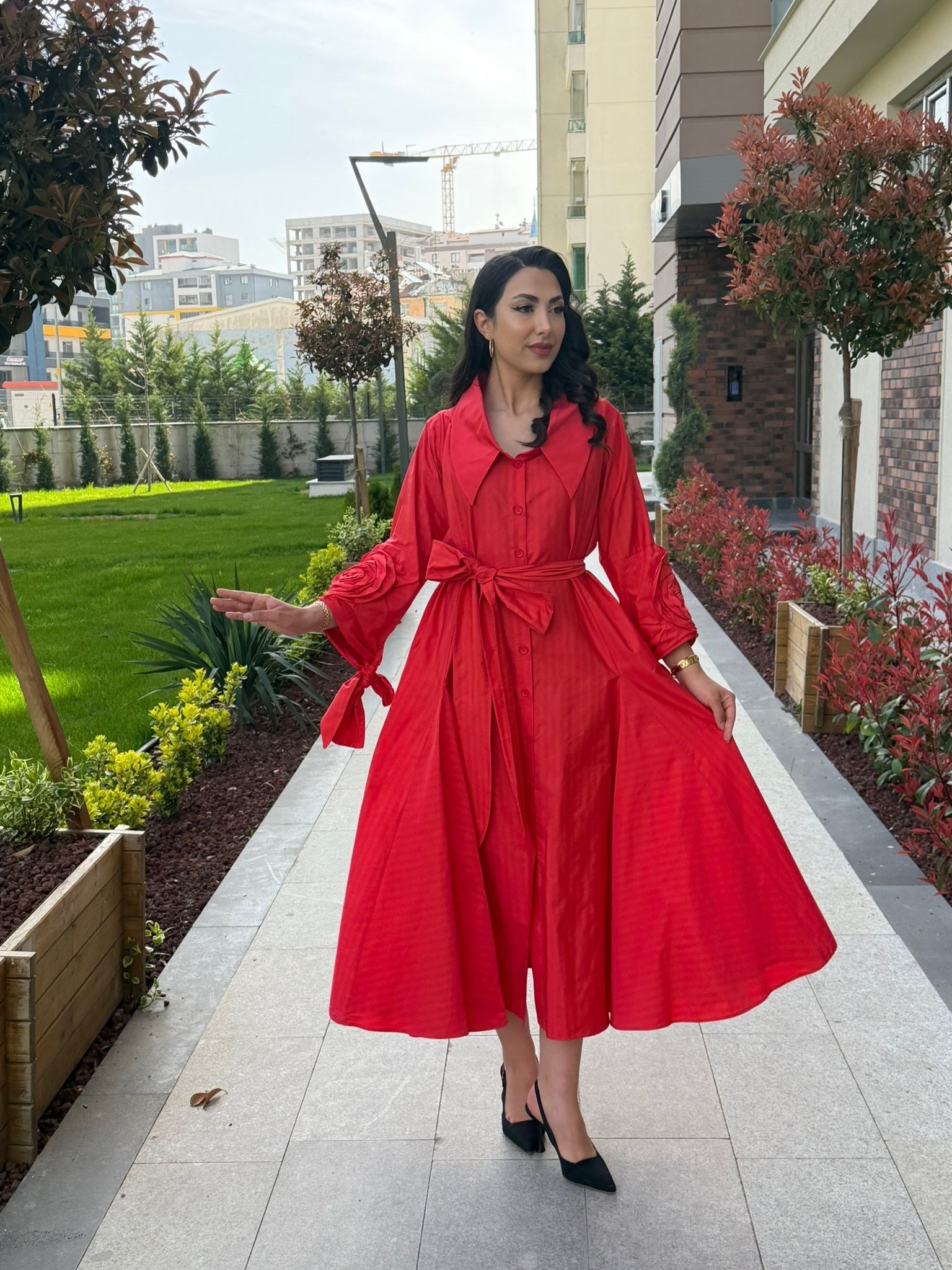 Pembe Kırmızı Çizgili Gömlek Elbise 