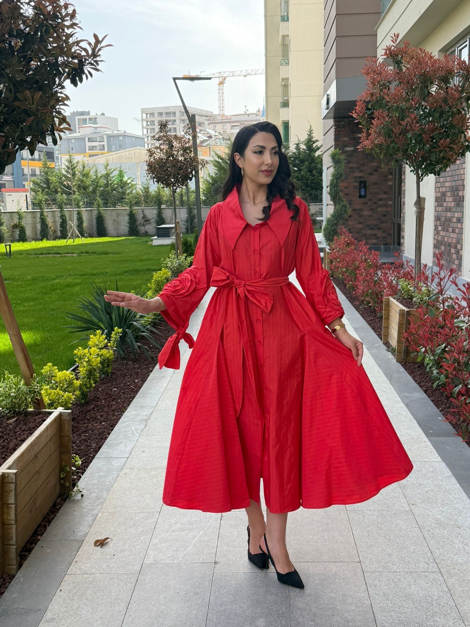 Pembe Kırmızı Çizgili Gömlek Elbise 