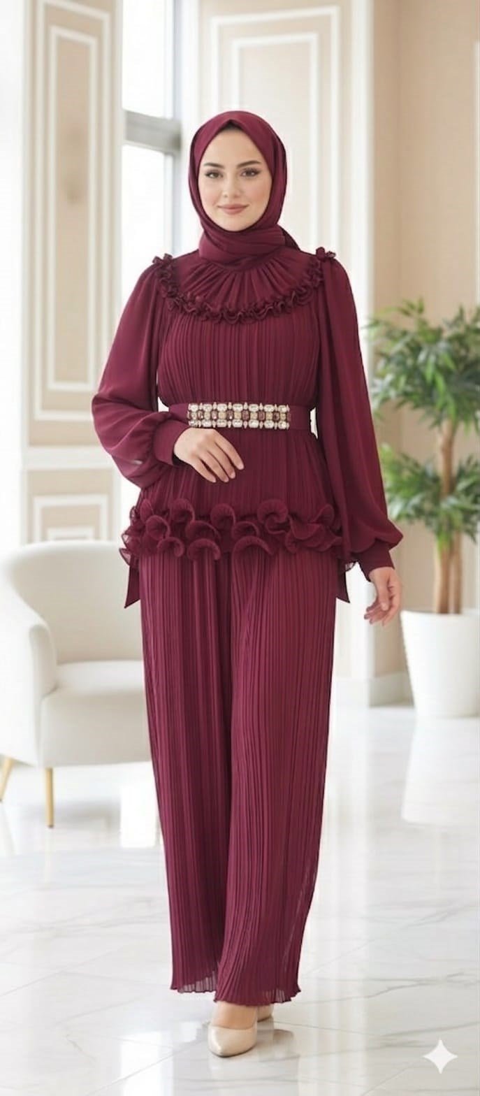 Pileli Pantolon Bluz Takım 