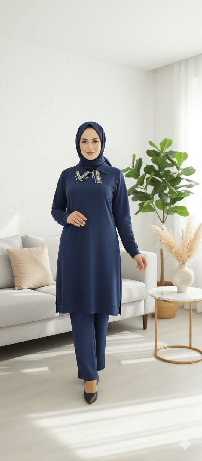 Yaka ve Pantolon Paçası Taş İşlemeli Eşofman Takımı 