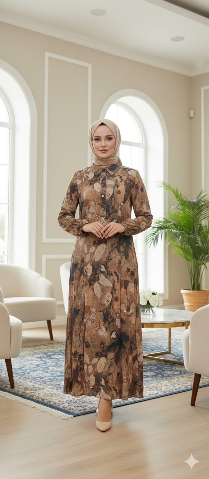 Yaprak Desenli Gömlek Yakalı Elbise