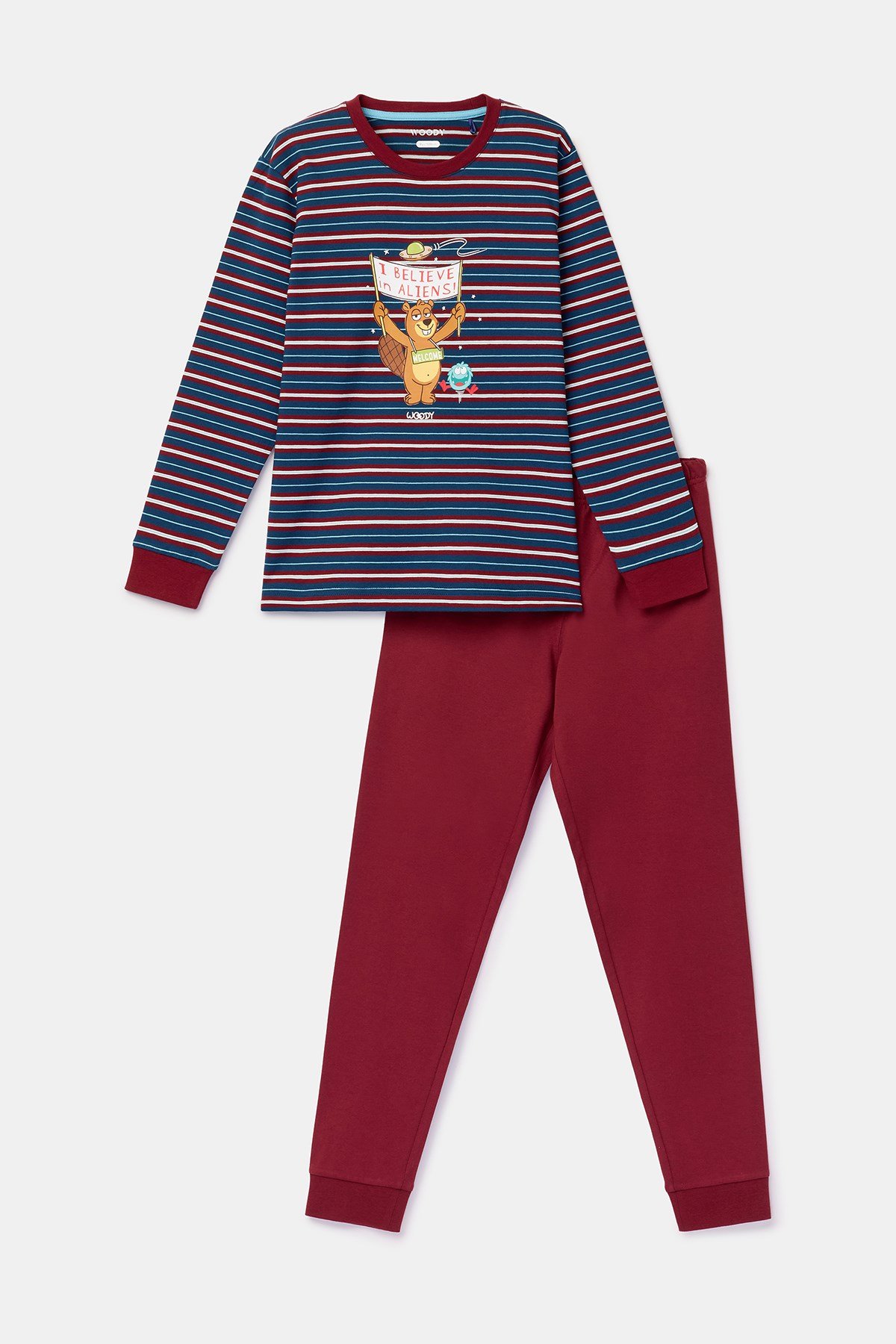 Bordo Çizgili Baskılı Erkek Çocuk Pijama