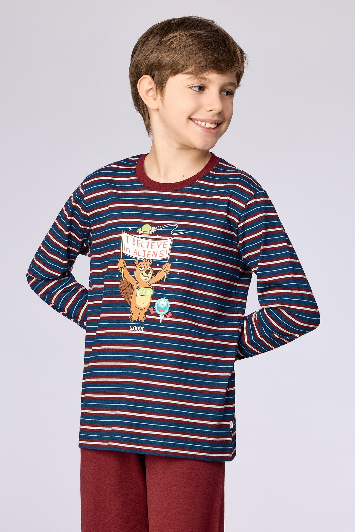 Bordo Çizgili Baskılı Erkek Çocuk Pijama