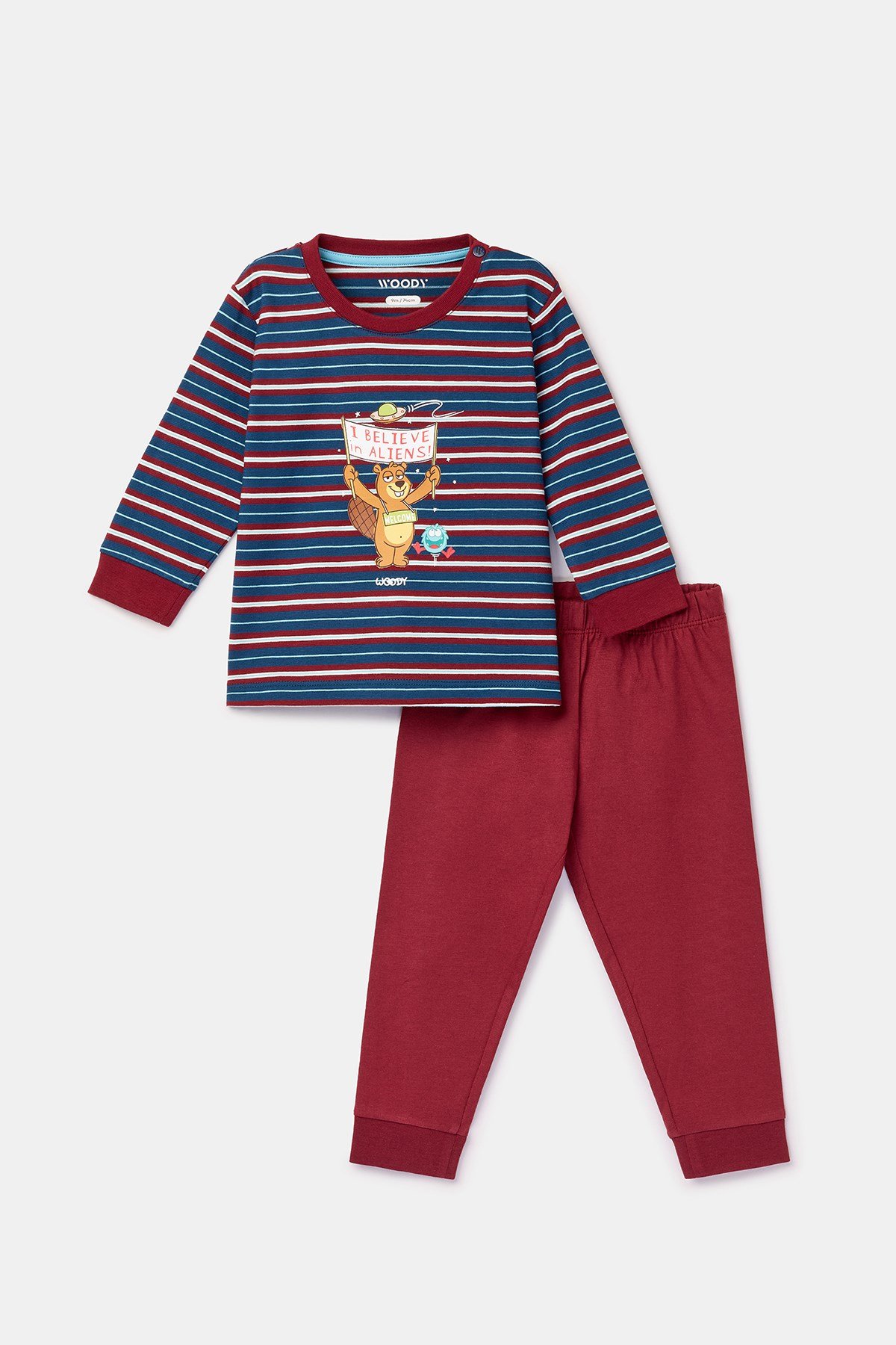 Bordo Çizgili Pamuklu Erkek Bebek Pijama