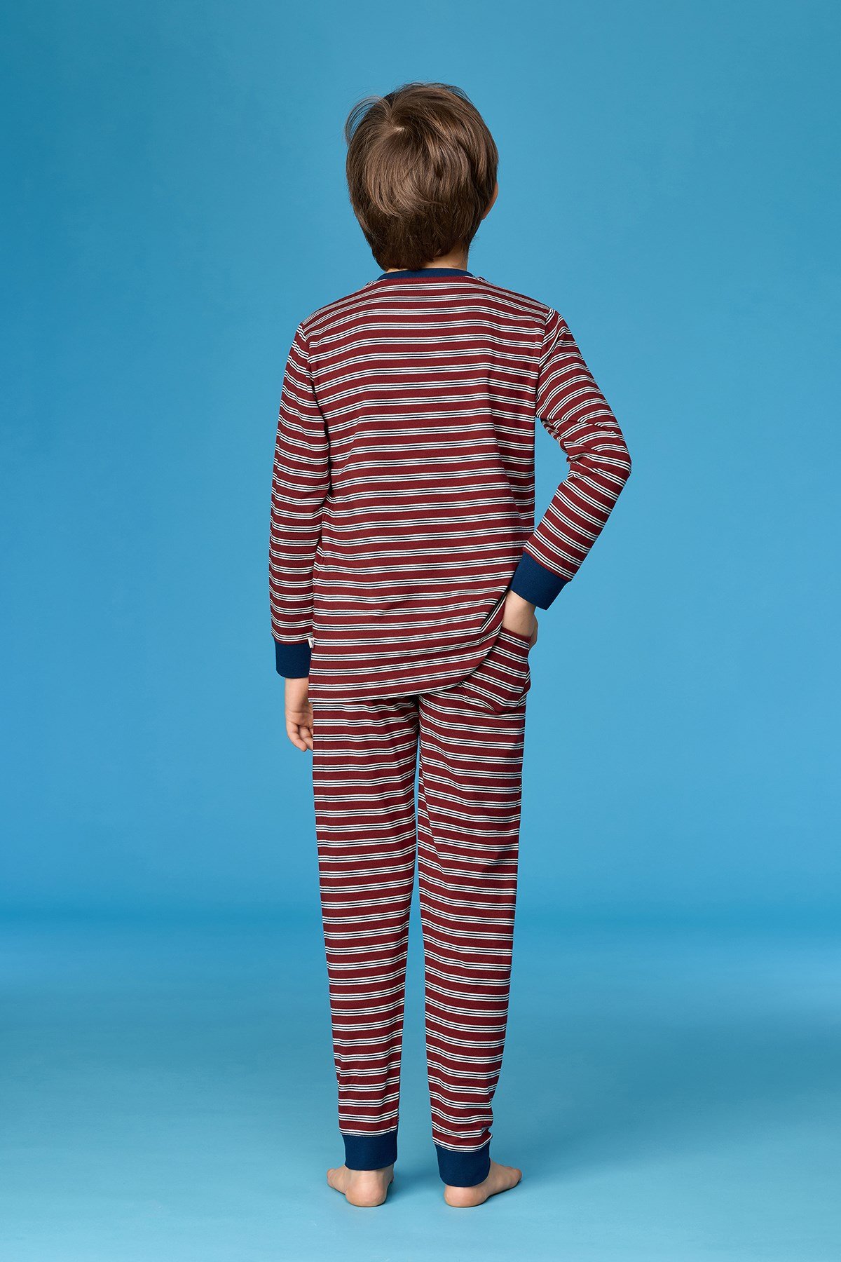 Bordo Çizgili Tilki Baskılı Erkek Çocuk Pijama