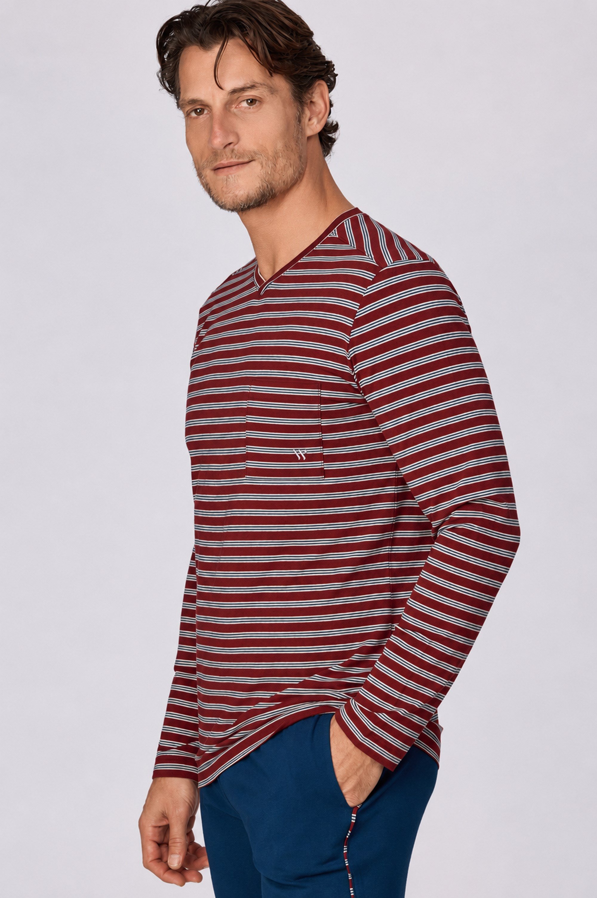 Bordo Çizgili V Yaka Erkek Pijama Takımı