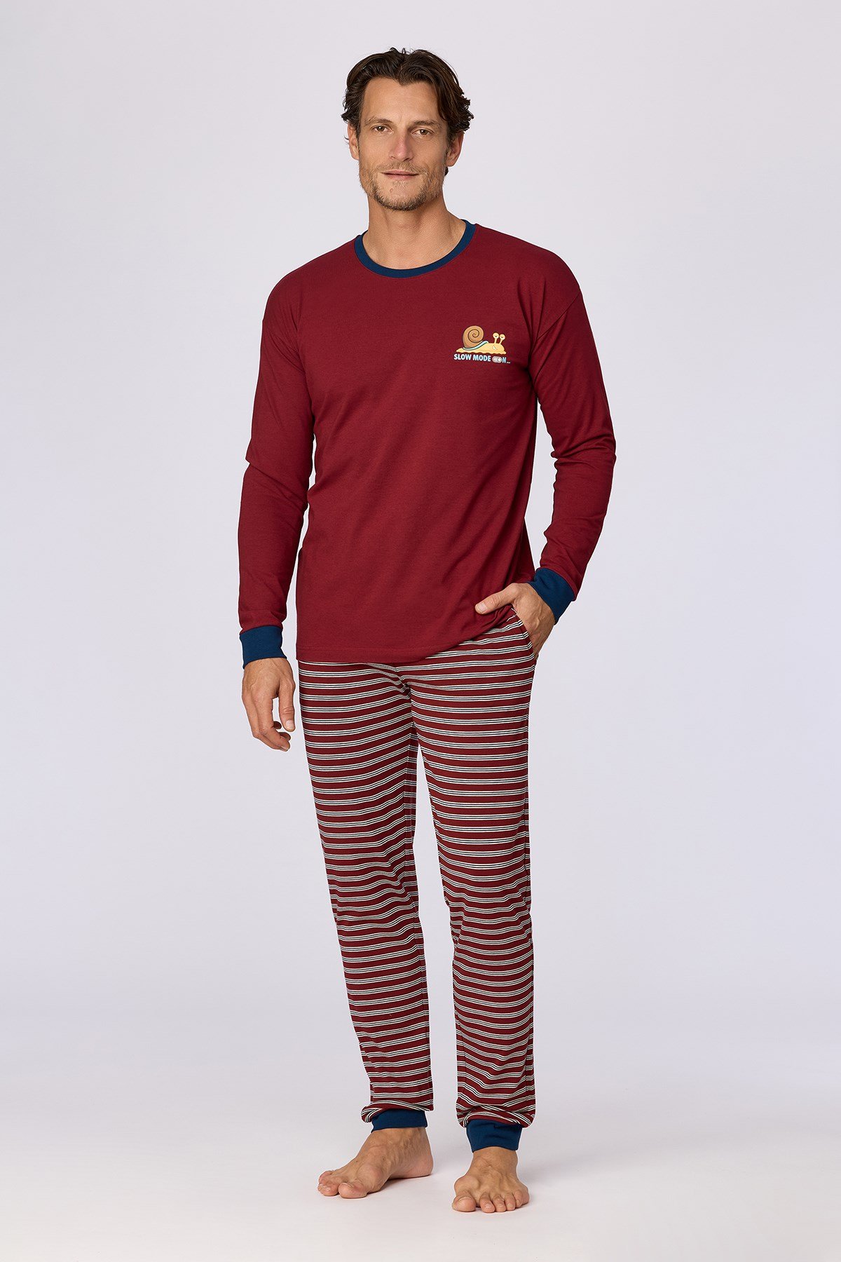 Bordo Uzun Kollu Pamuklu Erkek Pijama