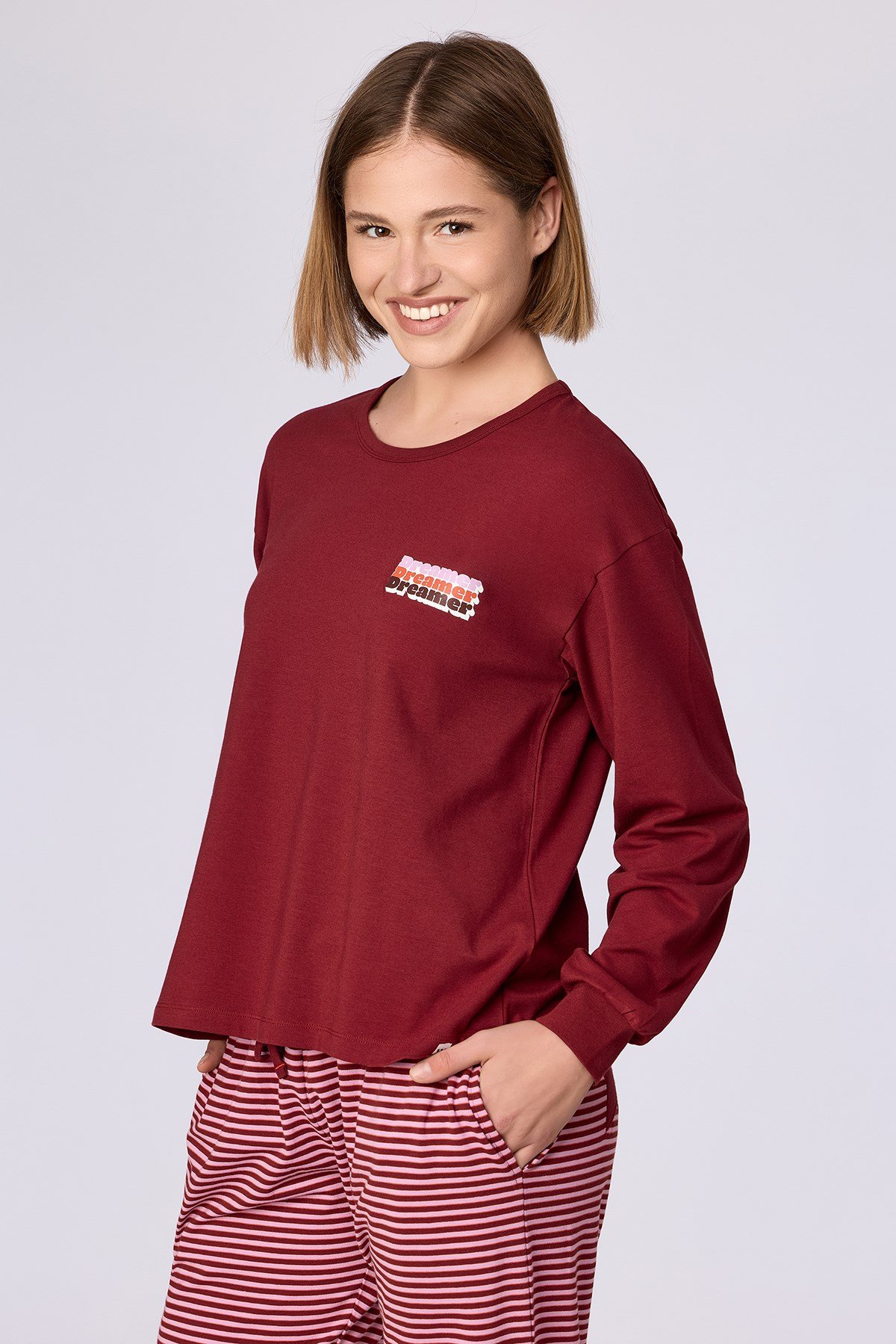 Bordo Uzun Kollu Pamuklu Kadın Pijama