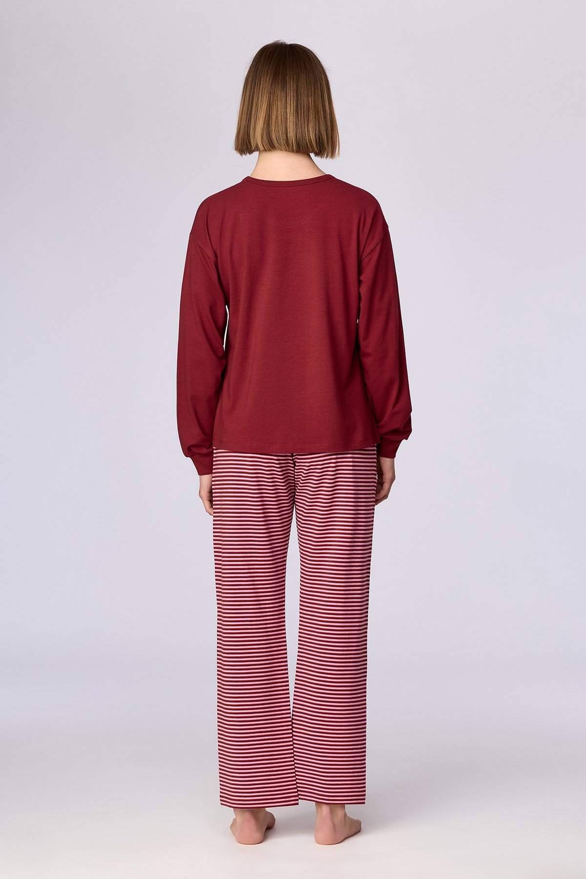 Bordo Uzun Kollu Pamuklu Kadın Pijama
