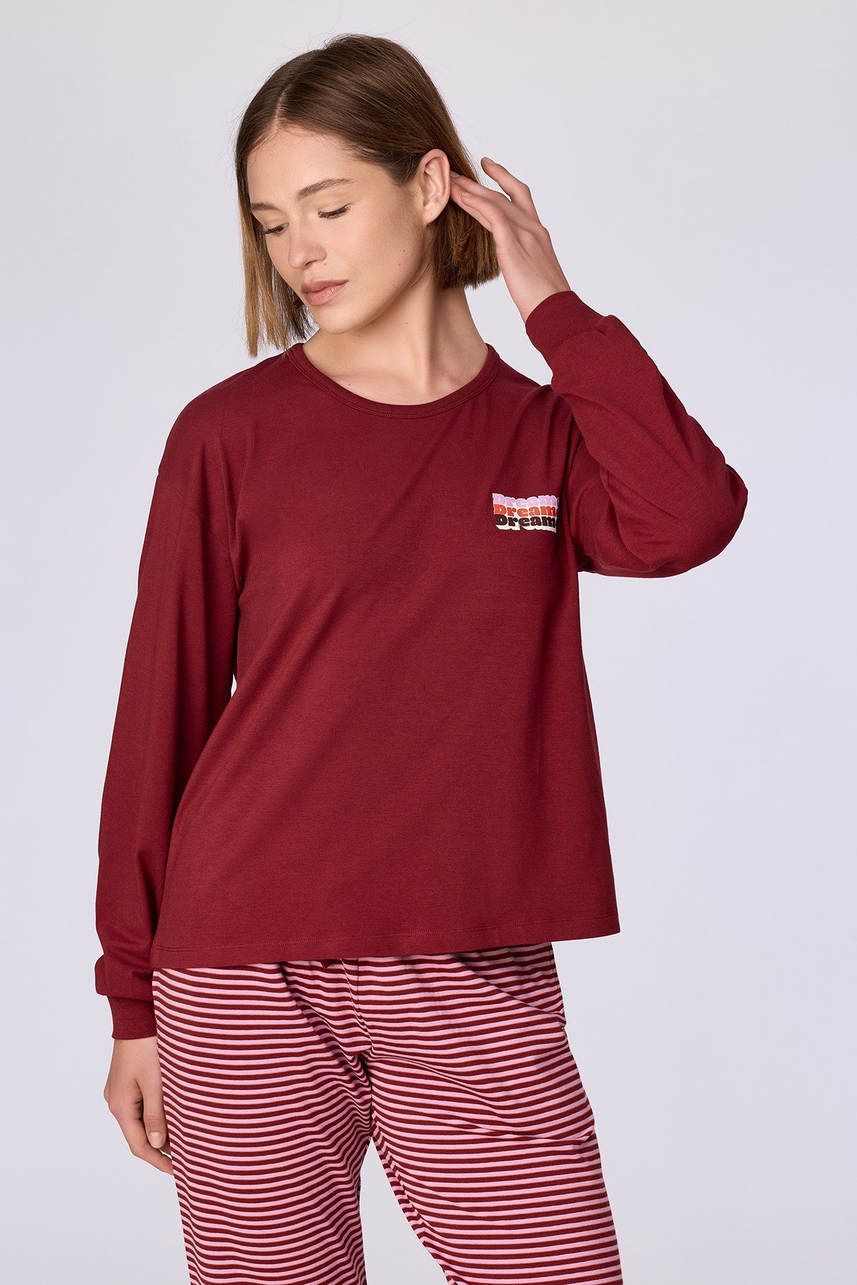 Bordo Uzun Kollu Pamuklu Kadın Pijama