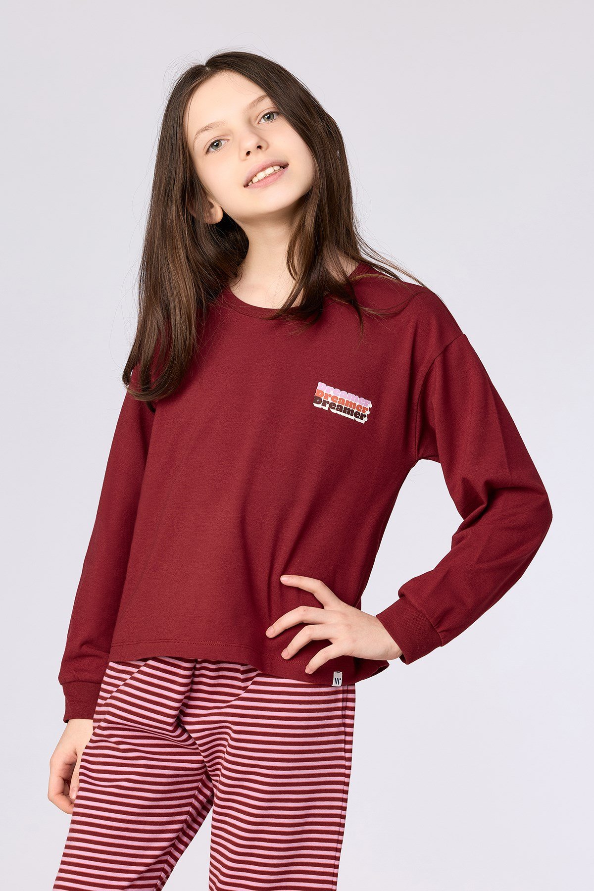 Bordo Uzun Kollu Pamuklu Kız Çocuk Pijama