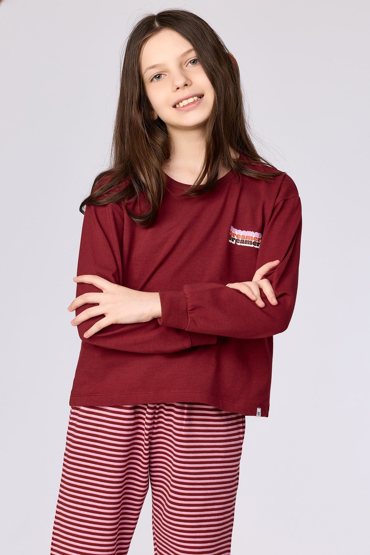 Bordo Uzun Kollu Pamuklu Kız Çocuk Pijama