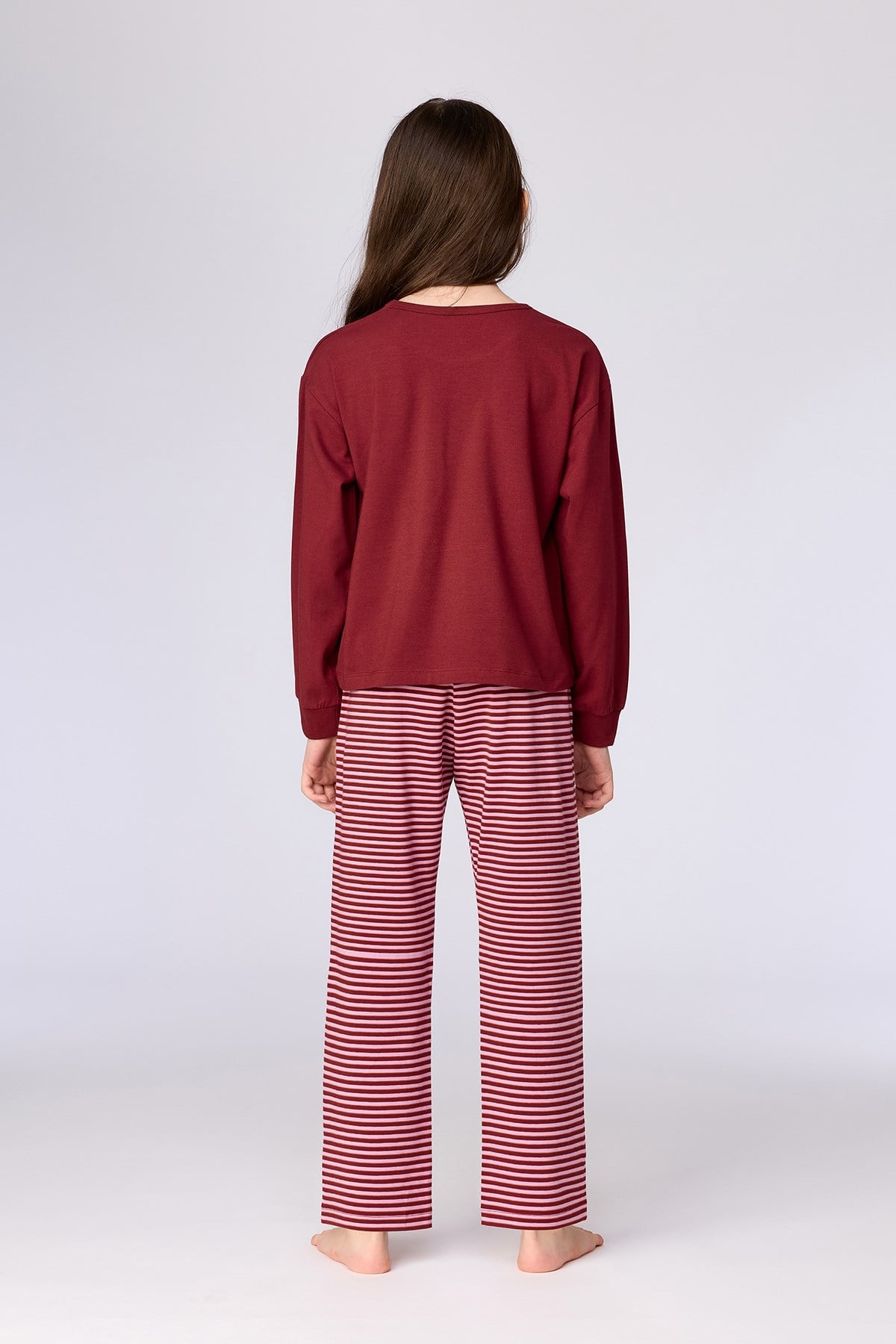 Bordo Uzun Kollu Pamuklu Kız Çocuk Pijama