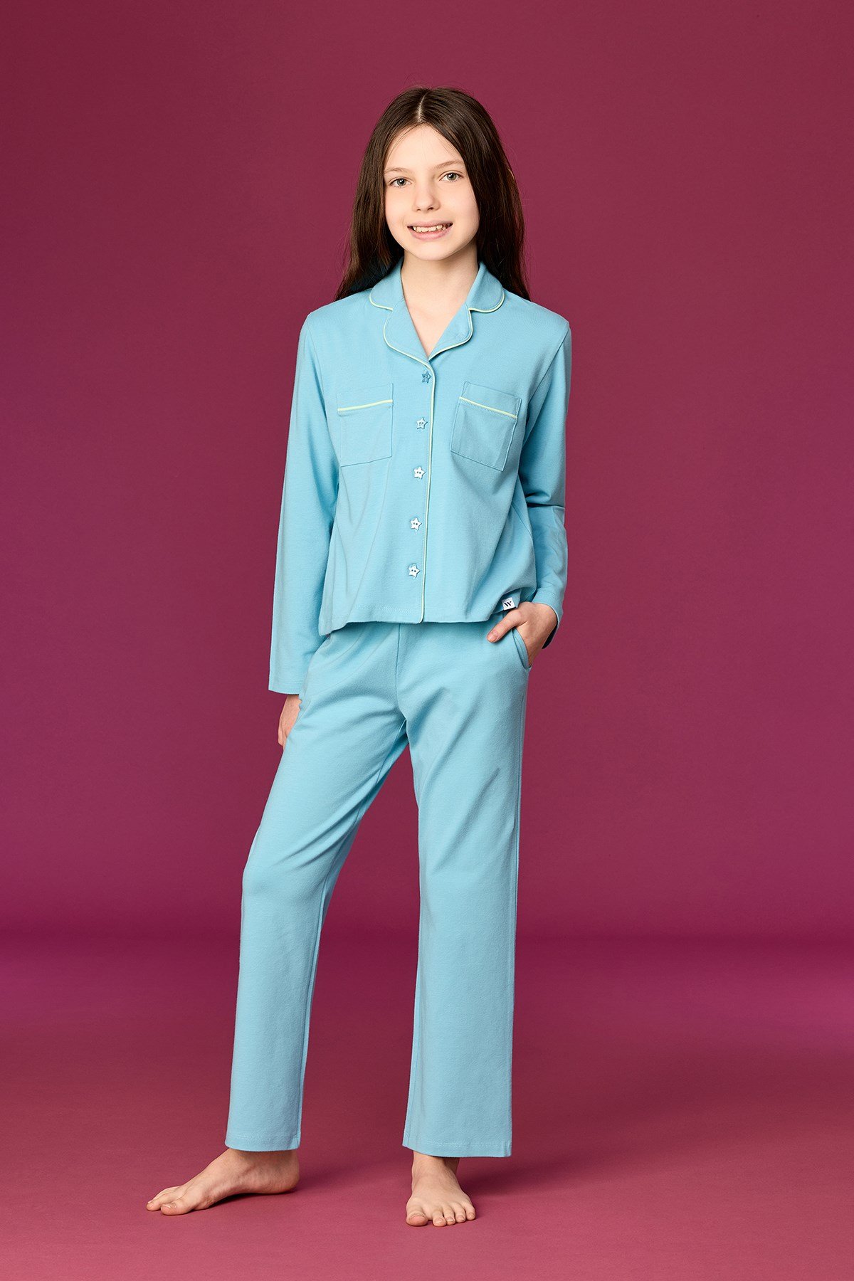 Buz Mavisi Biyeli Pamuklu Kız Çocuk Pijama