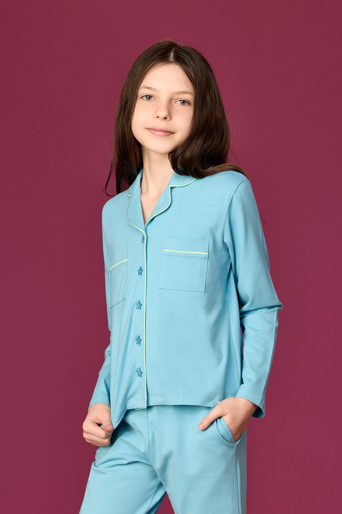 Buz Mavisi Biyeli Pamuklu Kız Çocuk Pijama