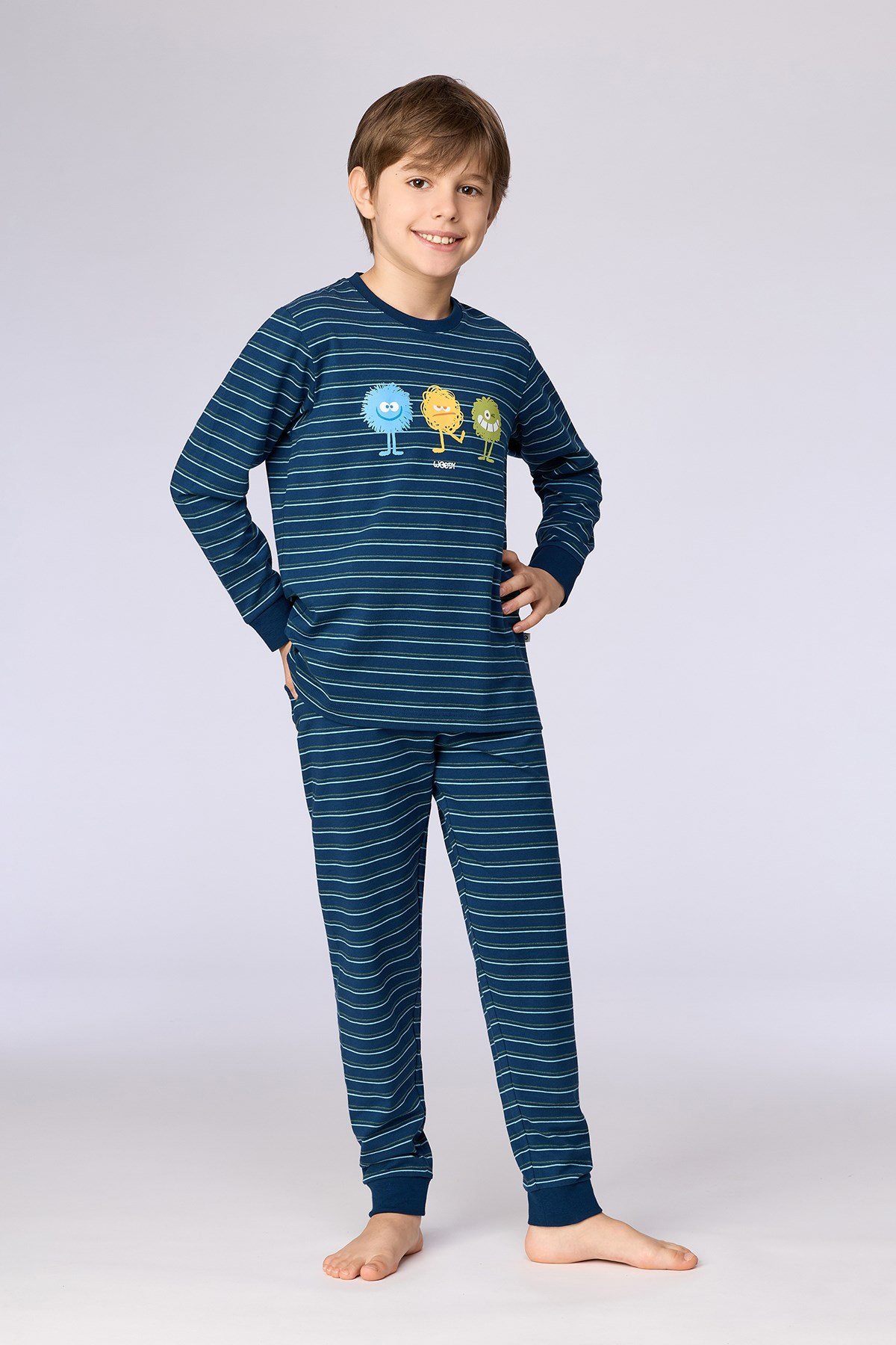 Canavar Baskı Lacivert Çizgili Erkek Çocuk Pijama