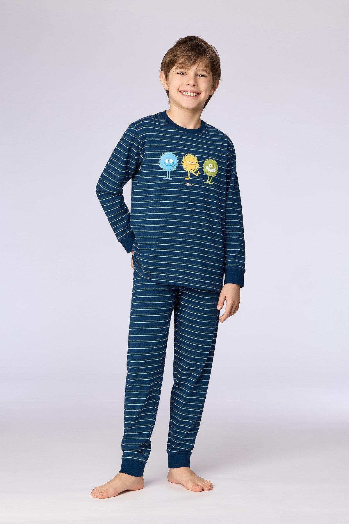 Canavar Baskı Lacivert Çizgili Erkek Çocuk Pijama