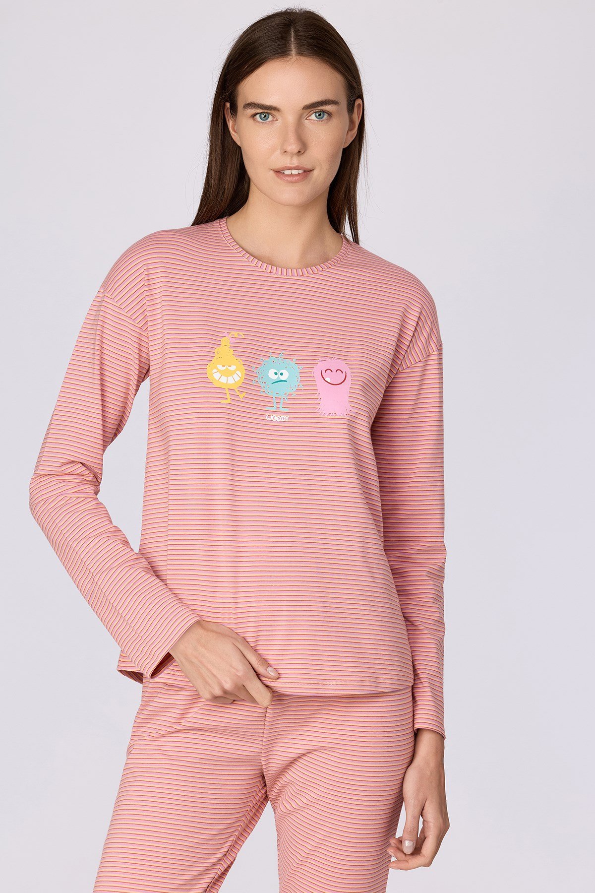 Çizgili Canavar Baskılı Kadın Pijama