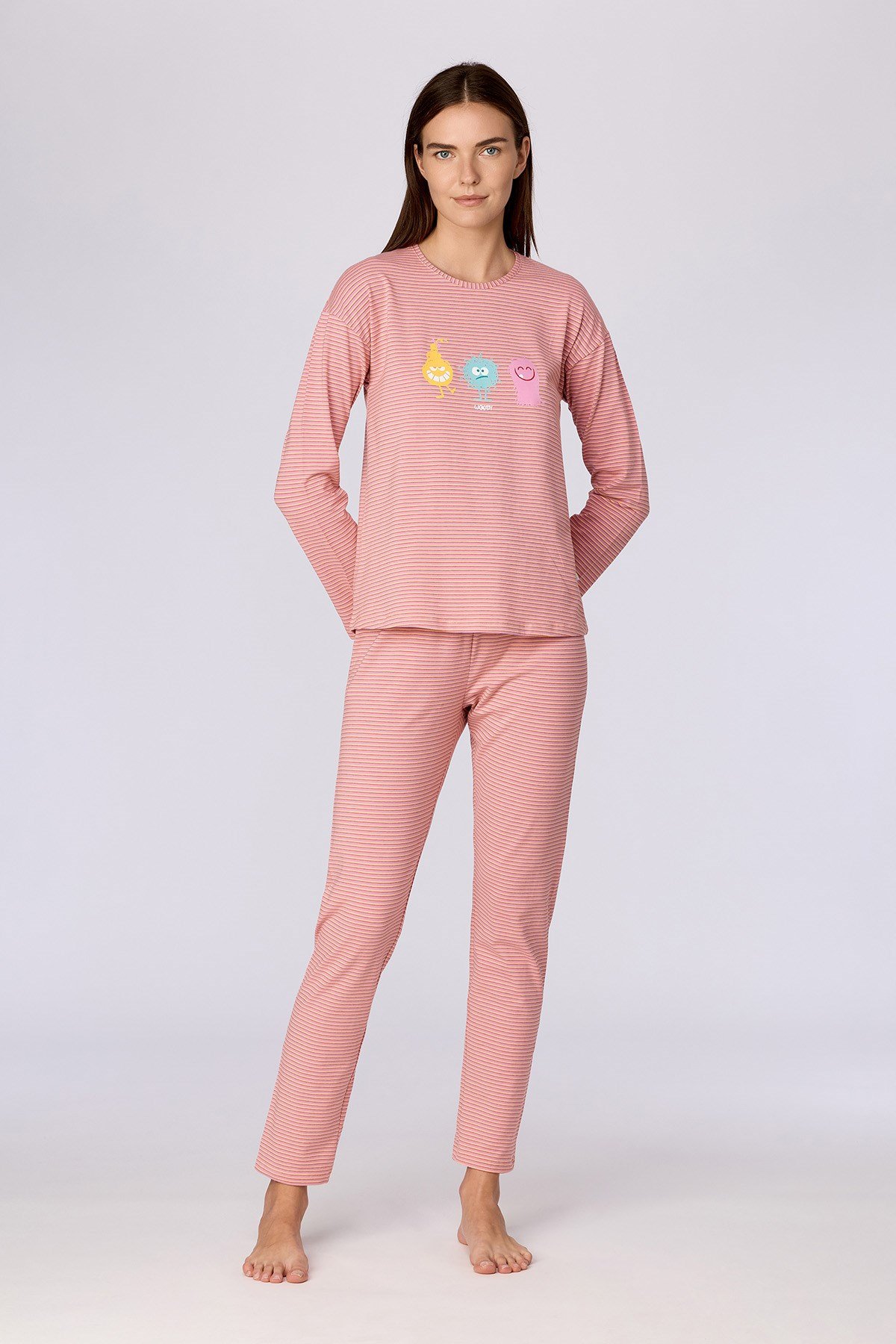 Çizgili Canavar Baskılı Kadın Pijama