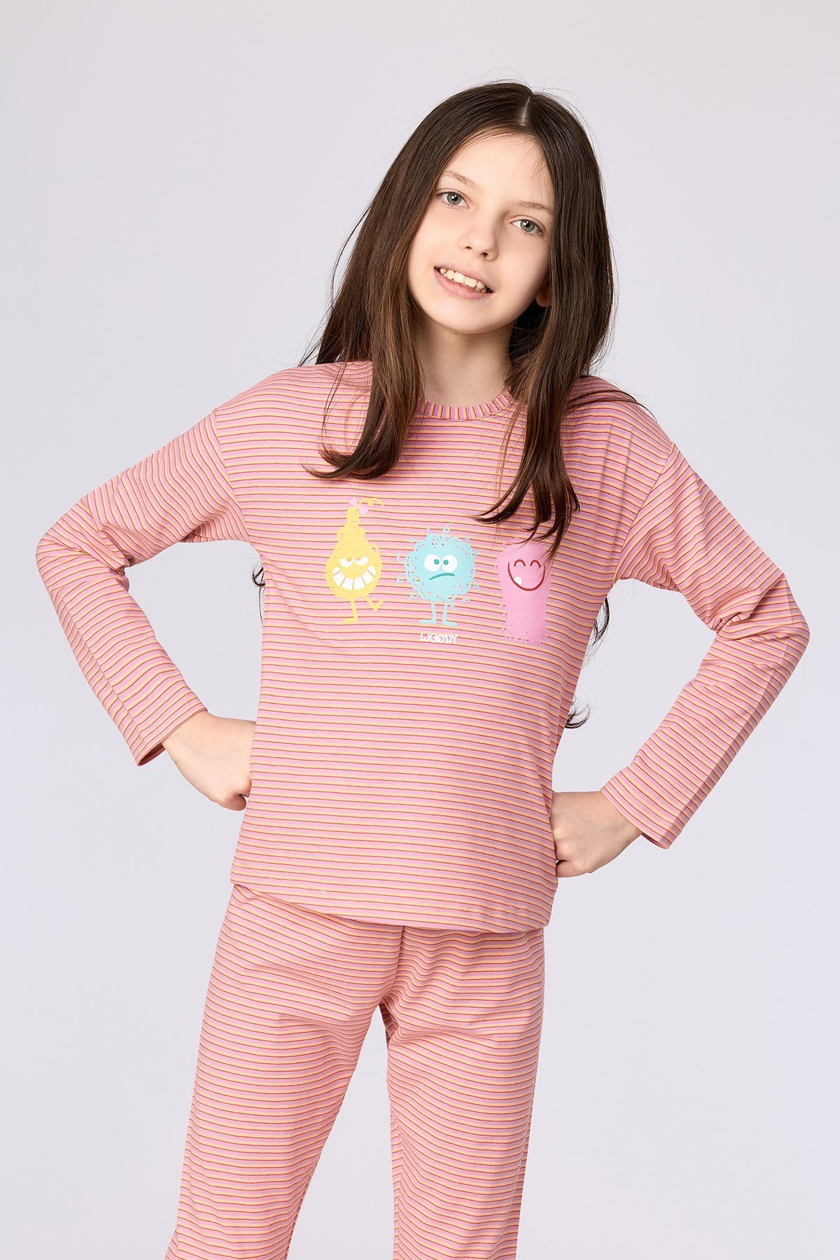 Çizgili Canavar Baskılı Kız Çocuk Pijama