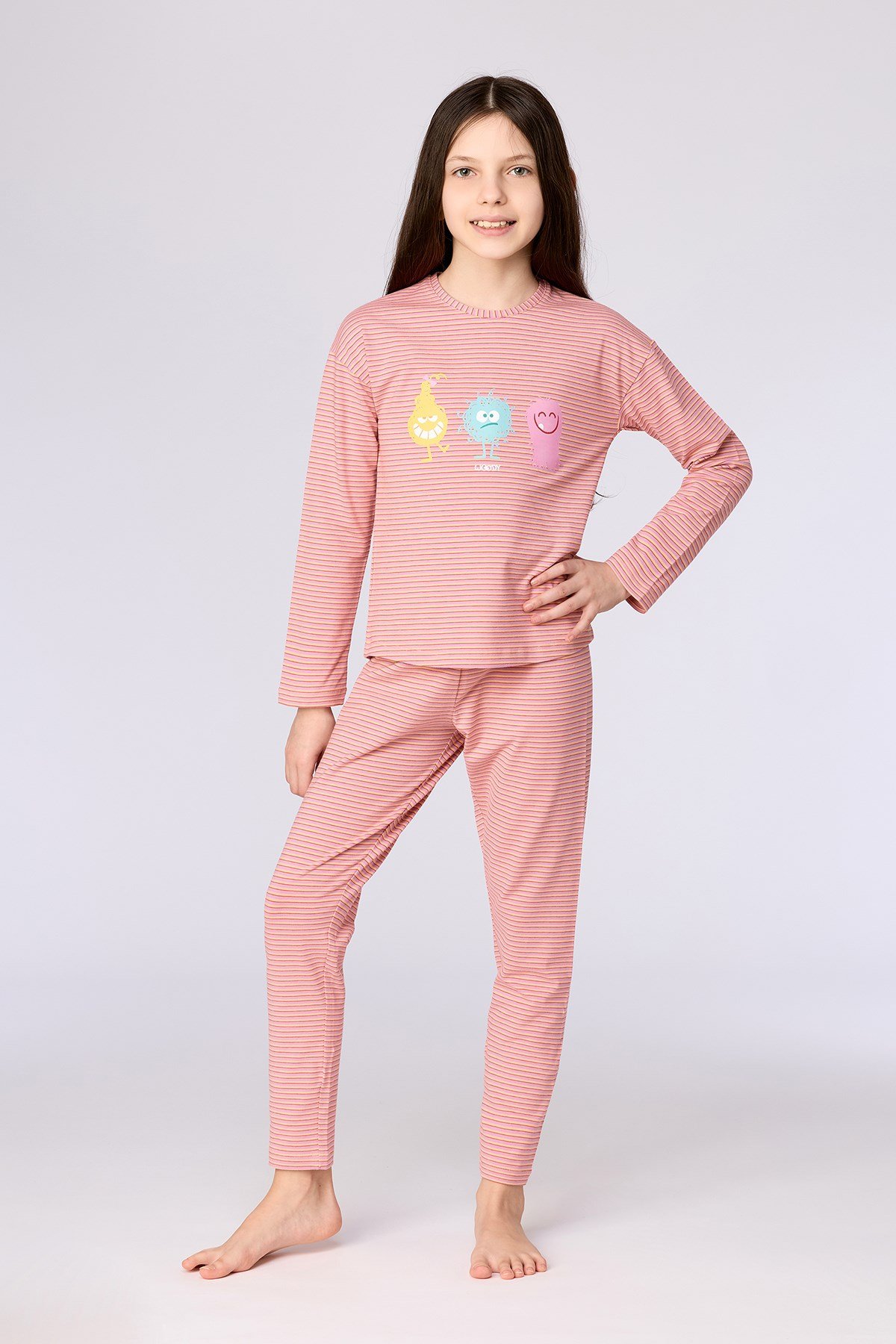 Çizgili Canavar Baskılı Kız Çocuk Pijama