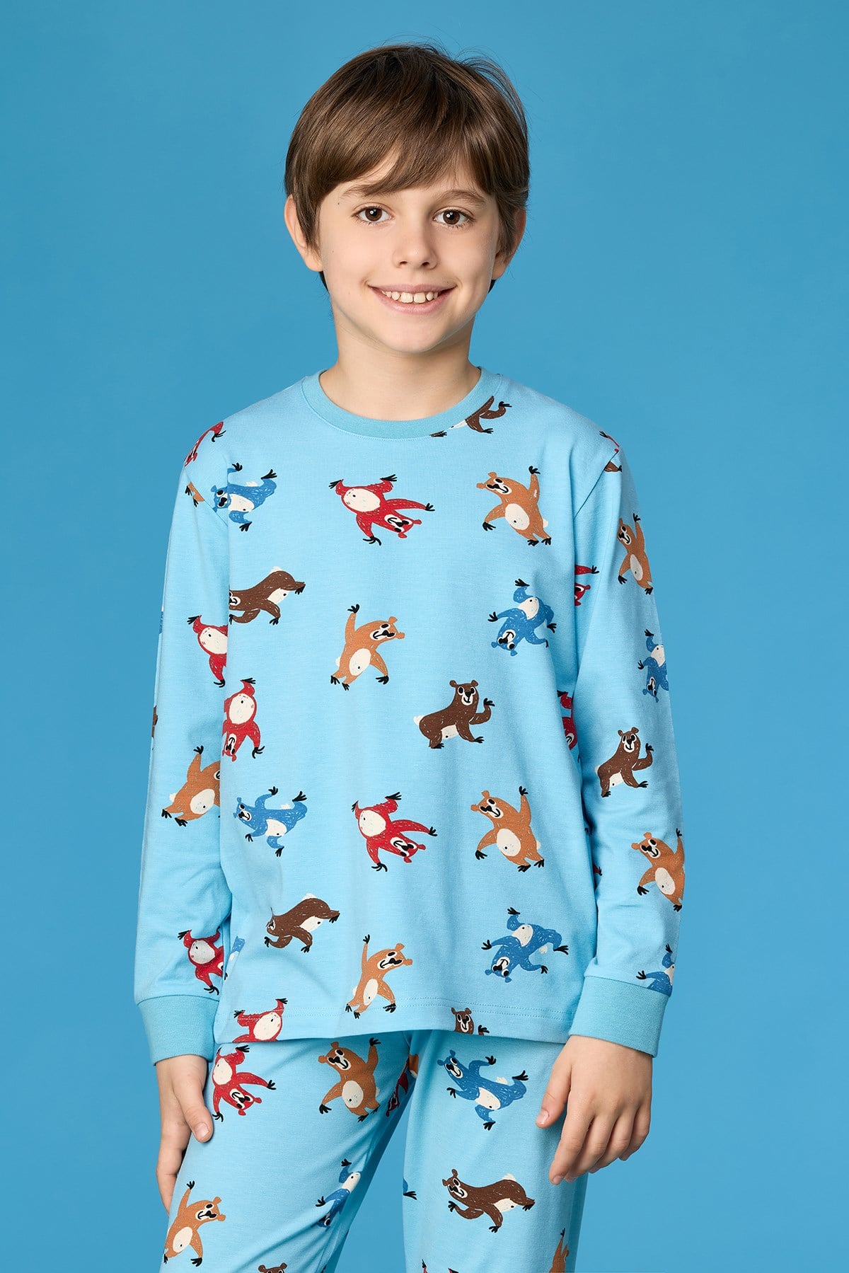 Hayvan Baskılı Mavi Erkek Çocuk Pijama