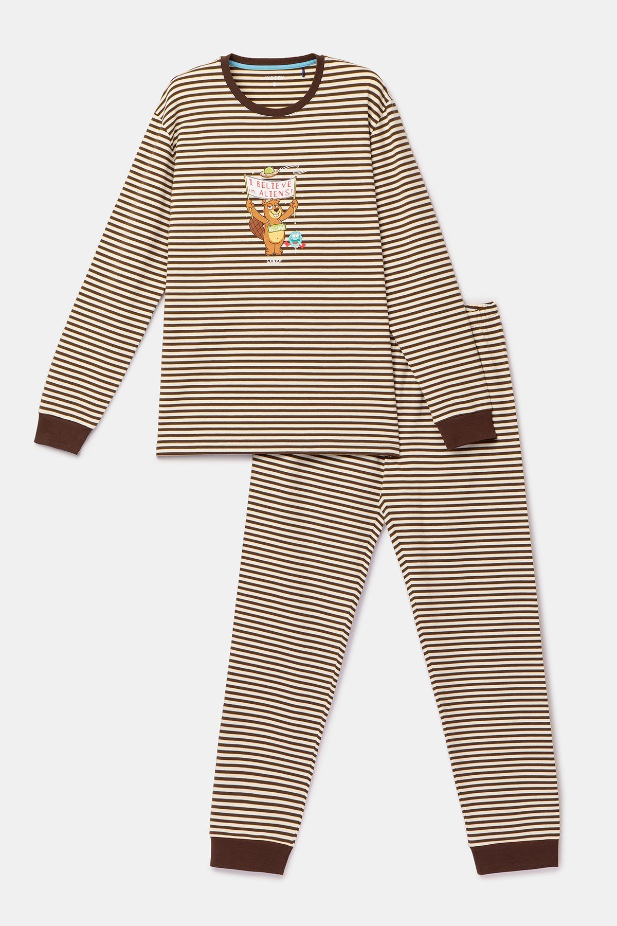 Kahverengi Çizgili Uzay Baskılı Erkek Pijama